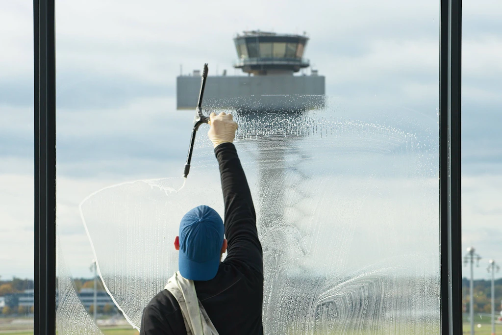 Vor der Kulisse des Towers der Deutschen Flugsicherung säubert ein Gebäudereiniger die Glasscheiben im Flughafen Berlin Brandenburg.