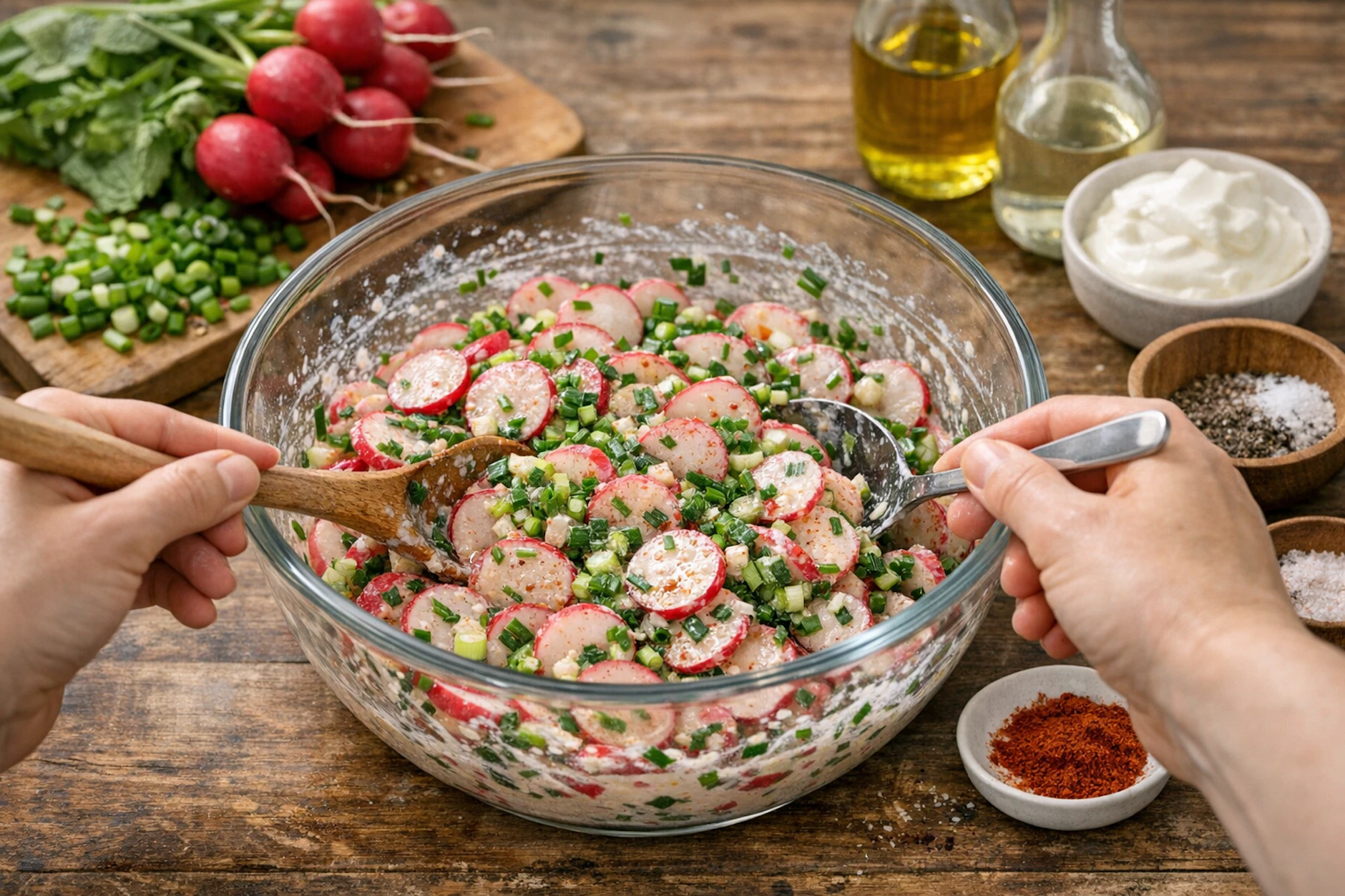 Zutaten schneiden, gründlich vermengen, fertig ist der Radieschensalat. Vor allem im Sommer schmeckt dieses Gericht einfach großartig.