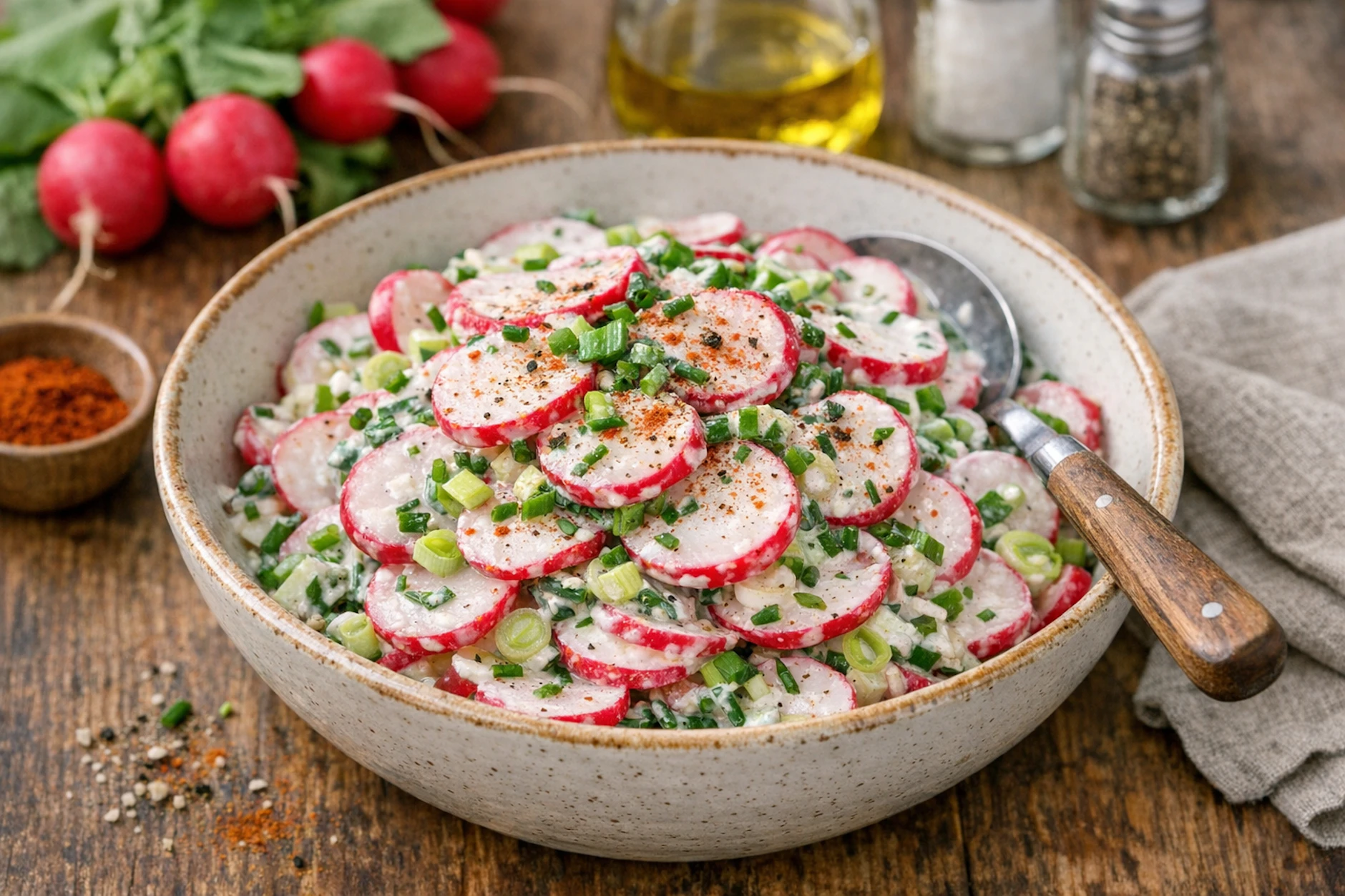 Lecker, leicht und frisch: Radieschensalat mit Lauchzwiebeln und Schnittlauch ist das perfekte Gericht für heiße Tage.