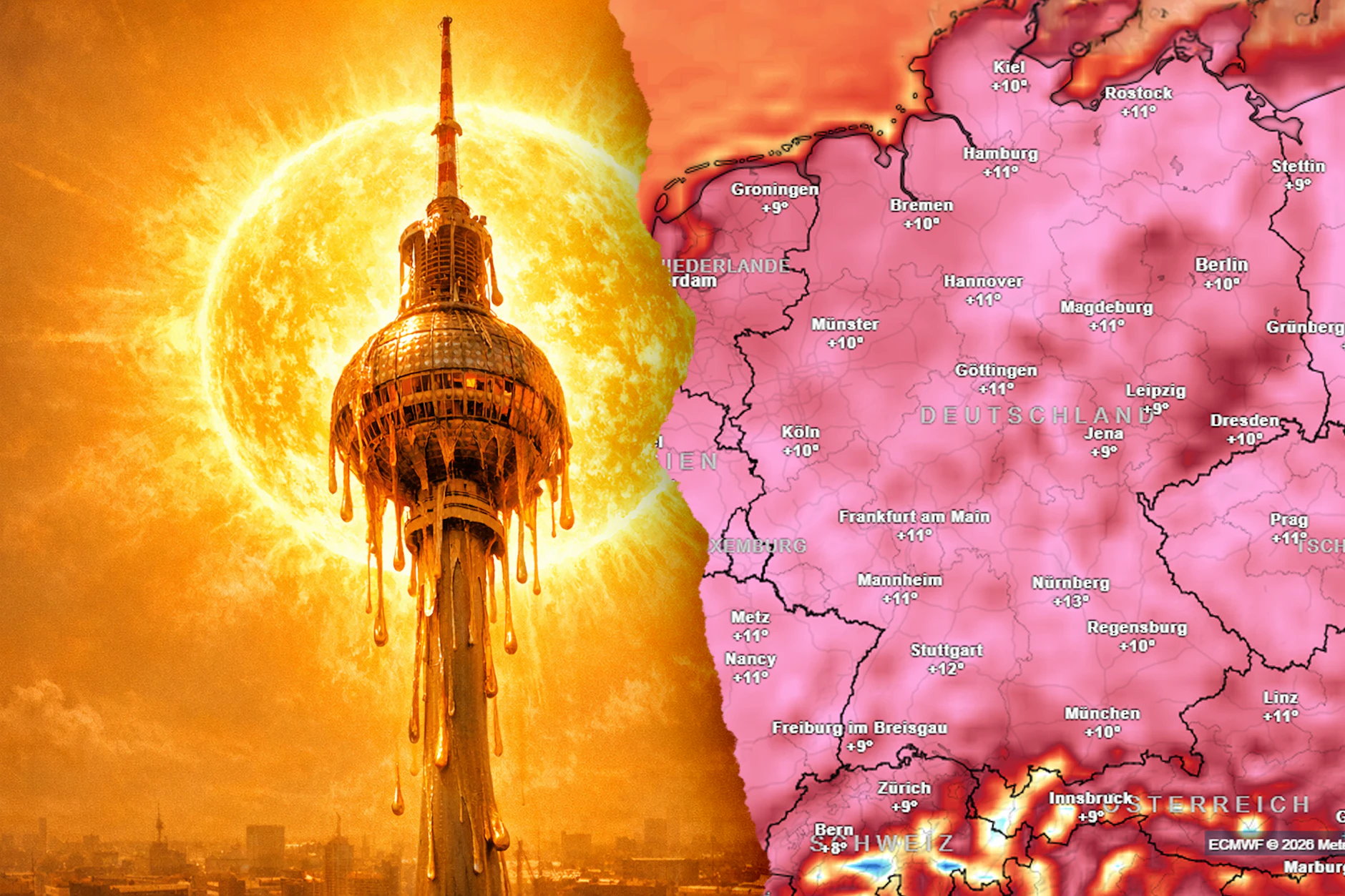 Es wird heiß, heiß, heiß! Die Karte zeigt die Temperaturabweichungen am kommenden Samstag: Rot bedeutet: Es wird in ganz Deutschland heißer als normalerweise um diese Zeit.