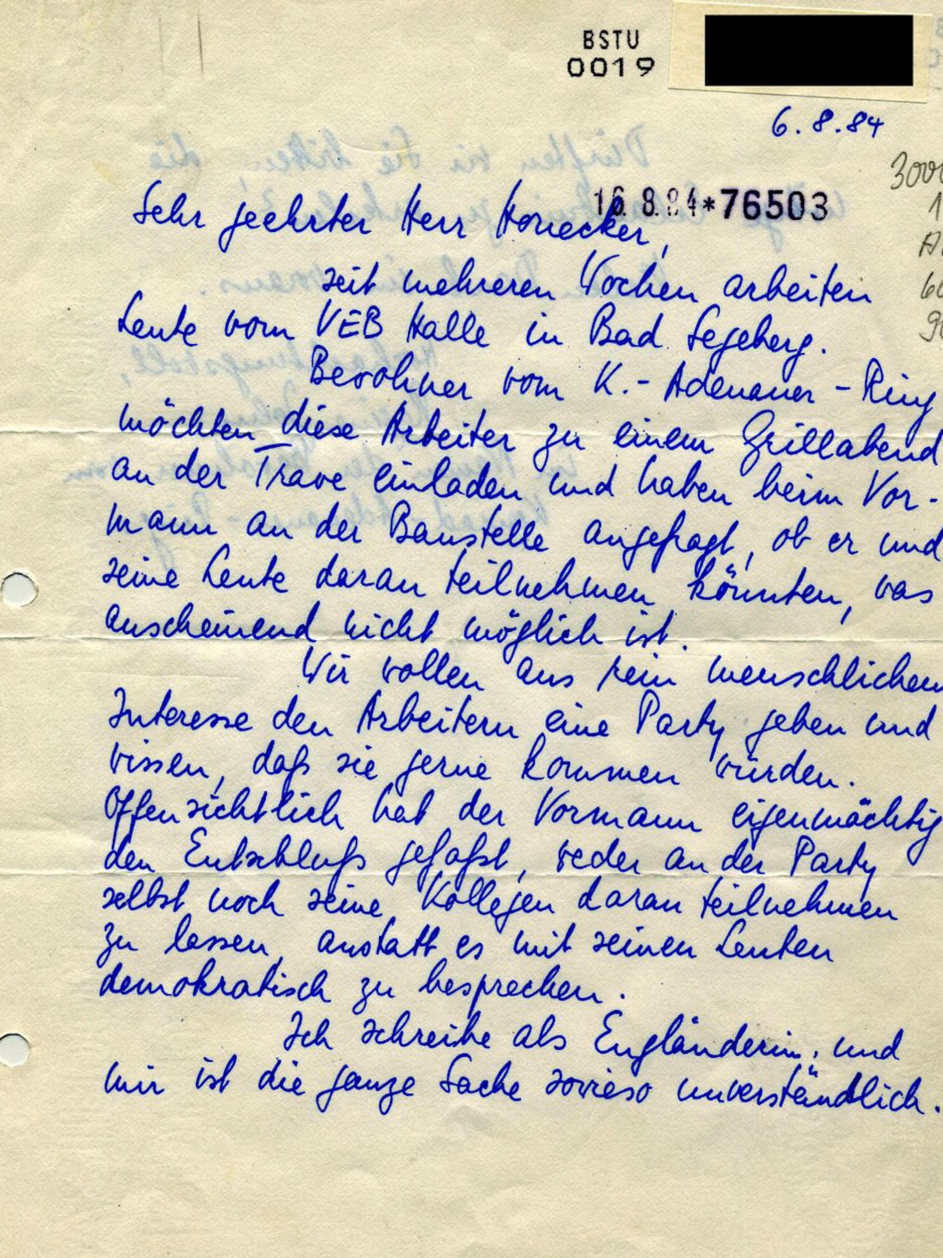 In dem Schreiben, das heute im Stasi-Archiv lagert, bat eine Frau aus dem Westen Erich Honecker um einen Grillabend für Bauarbeiter aus der DDR.