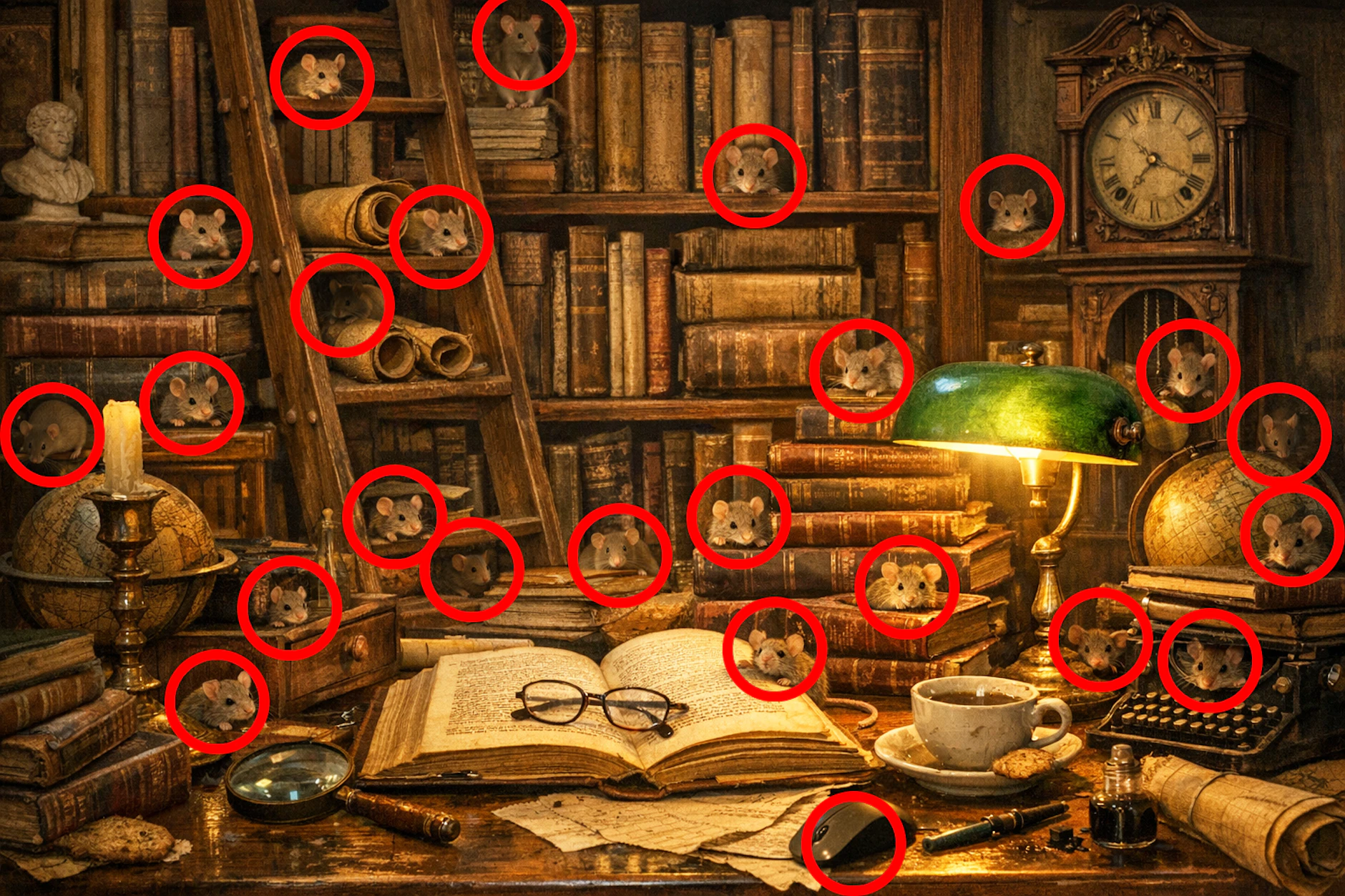 Due Auflösung für unser Suchbild der Woche: Insgesamt 24 Mäuse sind in dieser alten Bibliothek versteckt. Haben Sie auch die Computermaus auf dem Tisch gefunden?