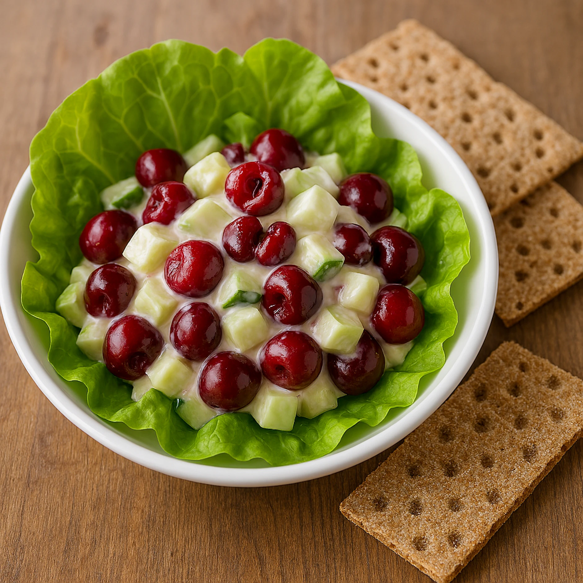 In diesen Sommersalat von Kurt Drummer gehören Kirschen und Gurken, platziert auf Blättern aus Kopfsalat.