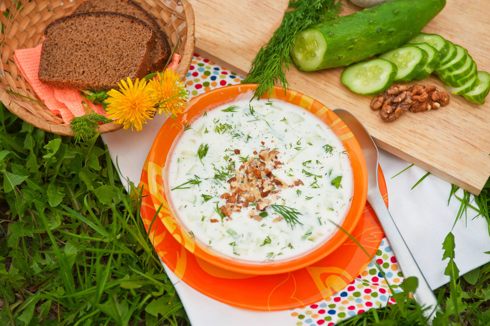 Eine kalte Suppe für heiße Tage: eine Joghurt-Kaltschale nach Kurt Drummer – mit Joghurt, Milch, Gurke, Dill und Nüssen.