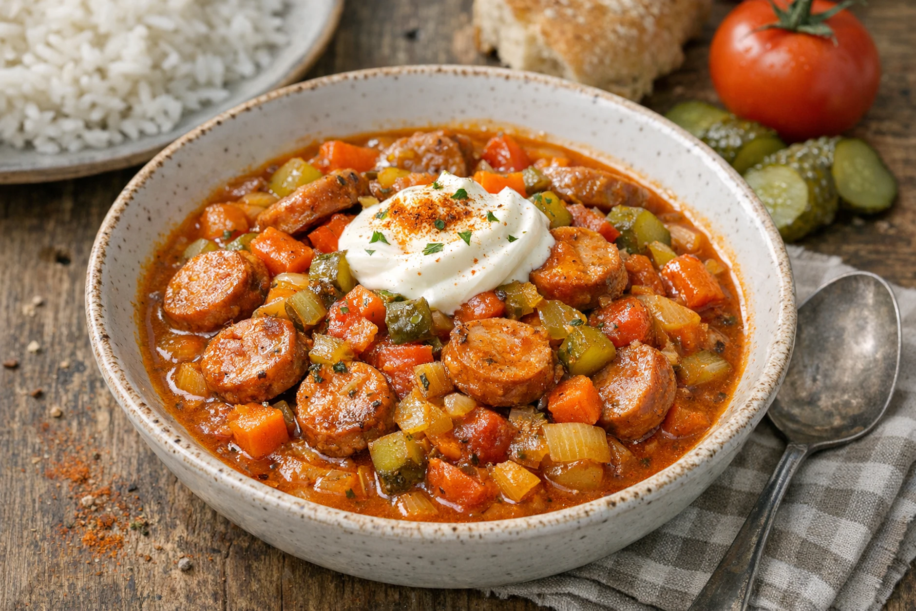 Wurstgulasch ist sowieso köstlich, doch mit knackiger Bockwurst wird er gleich nochmal ein ganzes Stück besser!