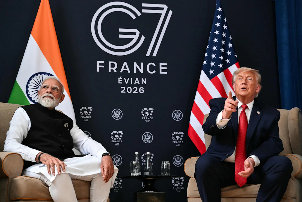 US-Präsident Donald Trump und Indiens Premierminister Narendra Modi bei einem bilateralen Treffen am Rande des G7-Gipfels in Évian am 17. Juni 2026.