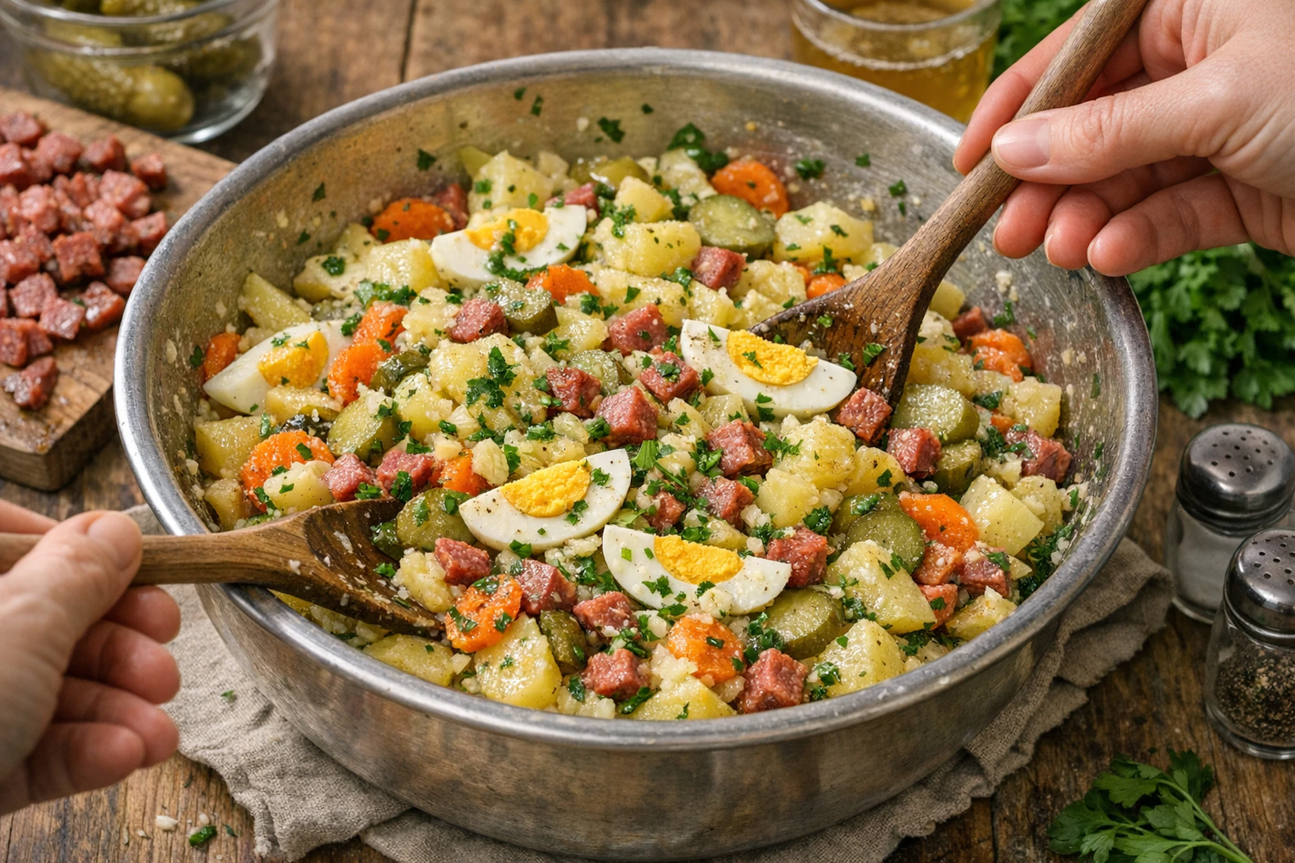 Kartoffeln, Eier, saure Gurken und viele andere leckere Zutaten landen im Landküchensalat von Kurt Drummer. Das Rezept sollten Sie mal probieren!