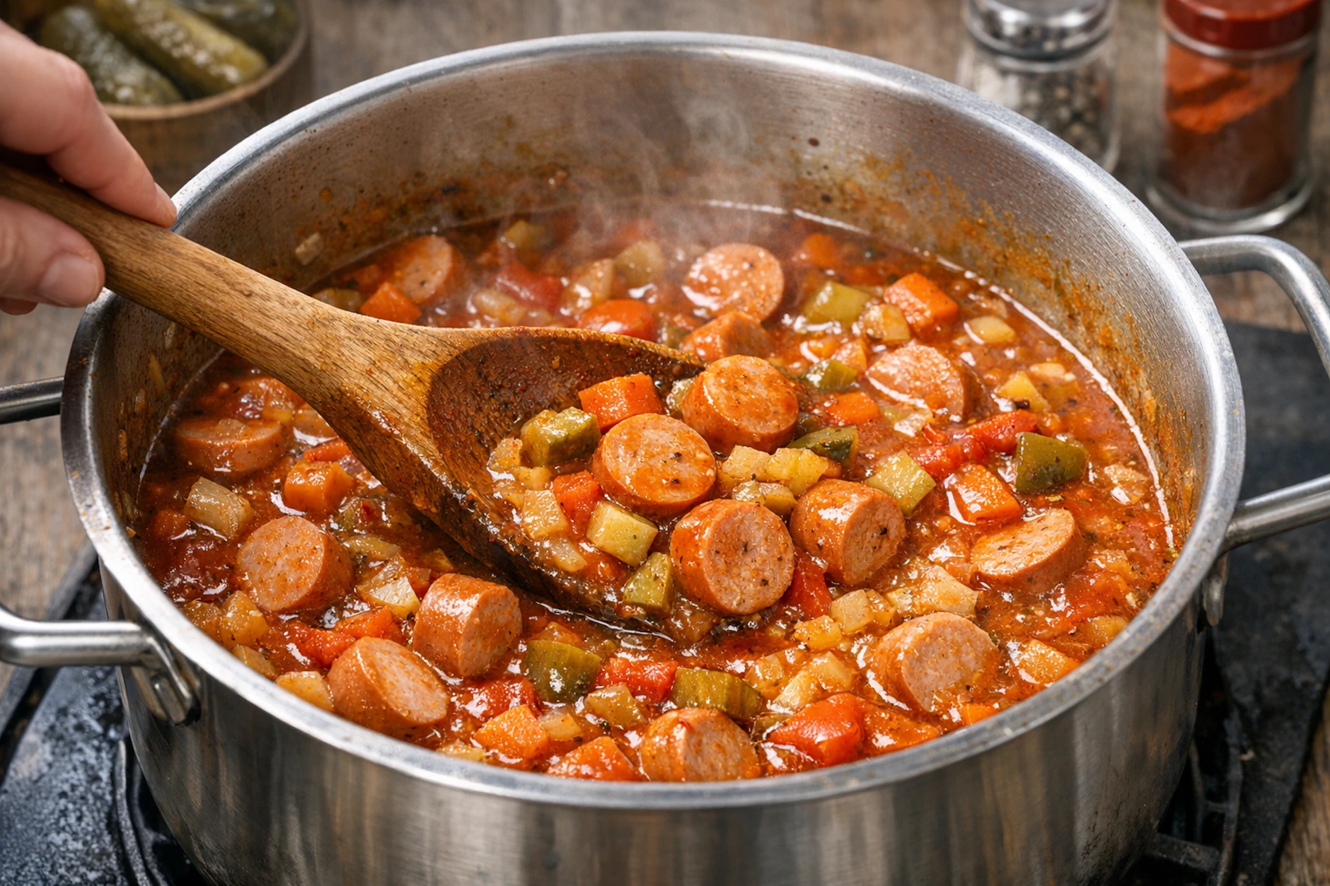Der Wurstgulasch muss auf dem Herd etwas köcheln. Trotzdem ist das Gericht supereinfach und perfekt für ein Abendessen mit der ganzen Familie.