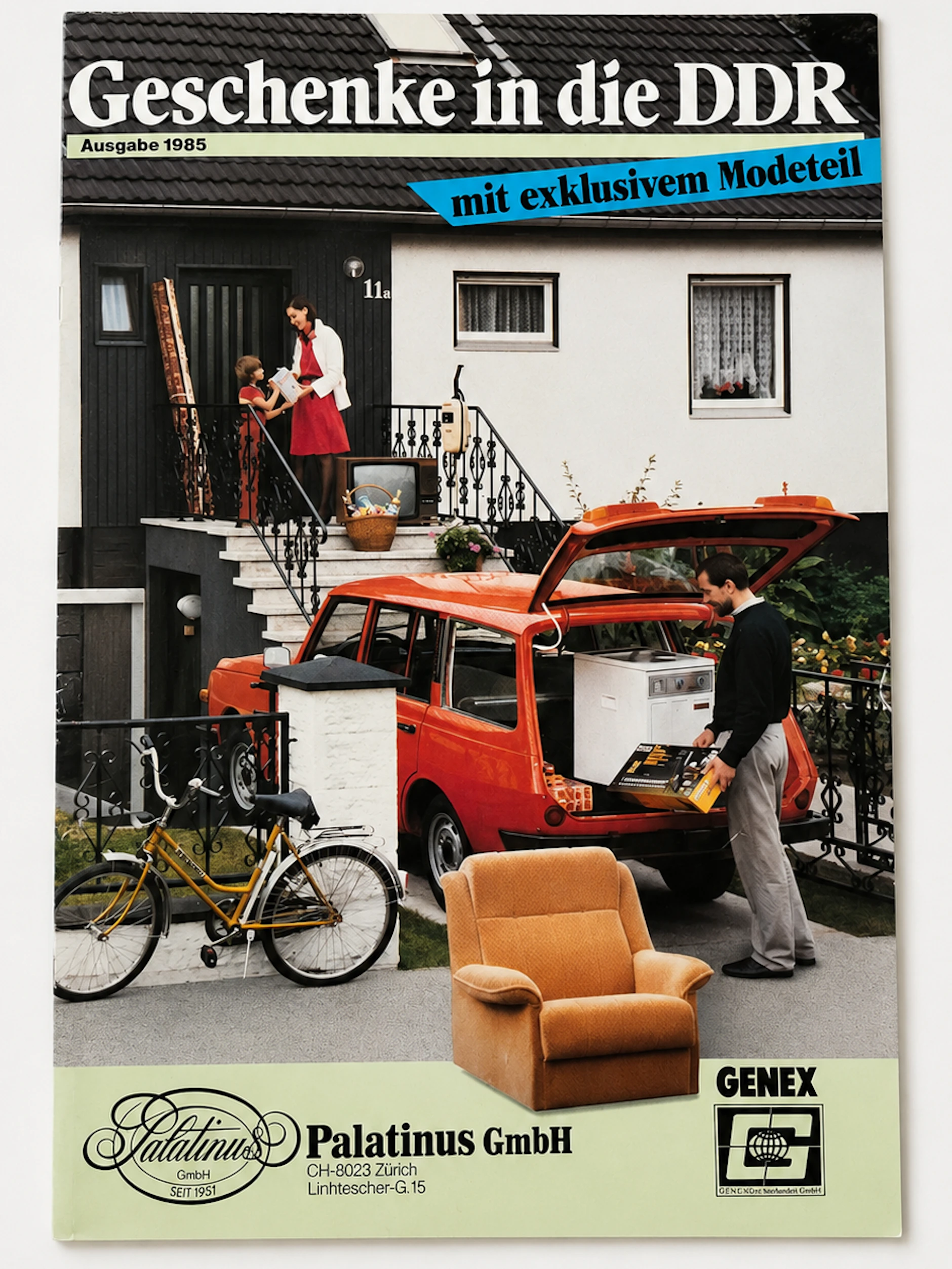 So sah der Genex-Katalog „Geschenke in die DDR“ aus. Diese Ausgabe von 1985 wurde über die Schweizer Firma Palatinus angeboten – und ist jetzt ein Exponat im Berliner DDR Museum.
