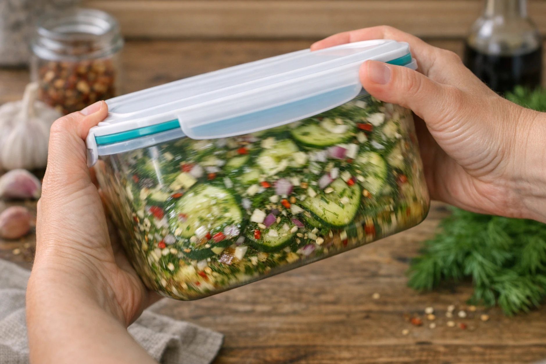 In einer Frischhaltedose werden die Schüttelgurken ordentlich durchgeschüttelt, so verteilen sich die Zutaten gleichmäßig. Schneller kann ein Gurkensalat nicht gemacht sein!