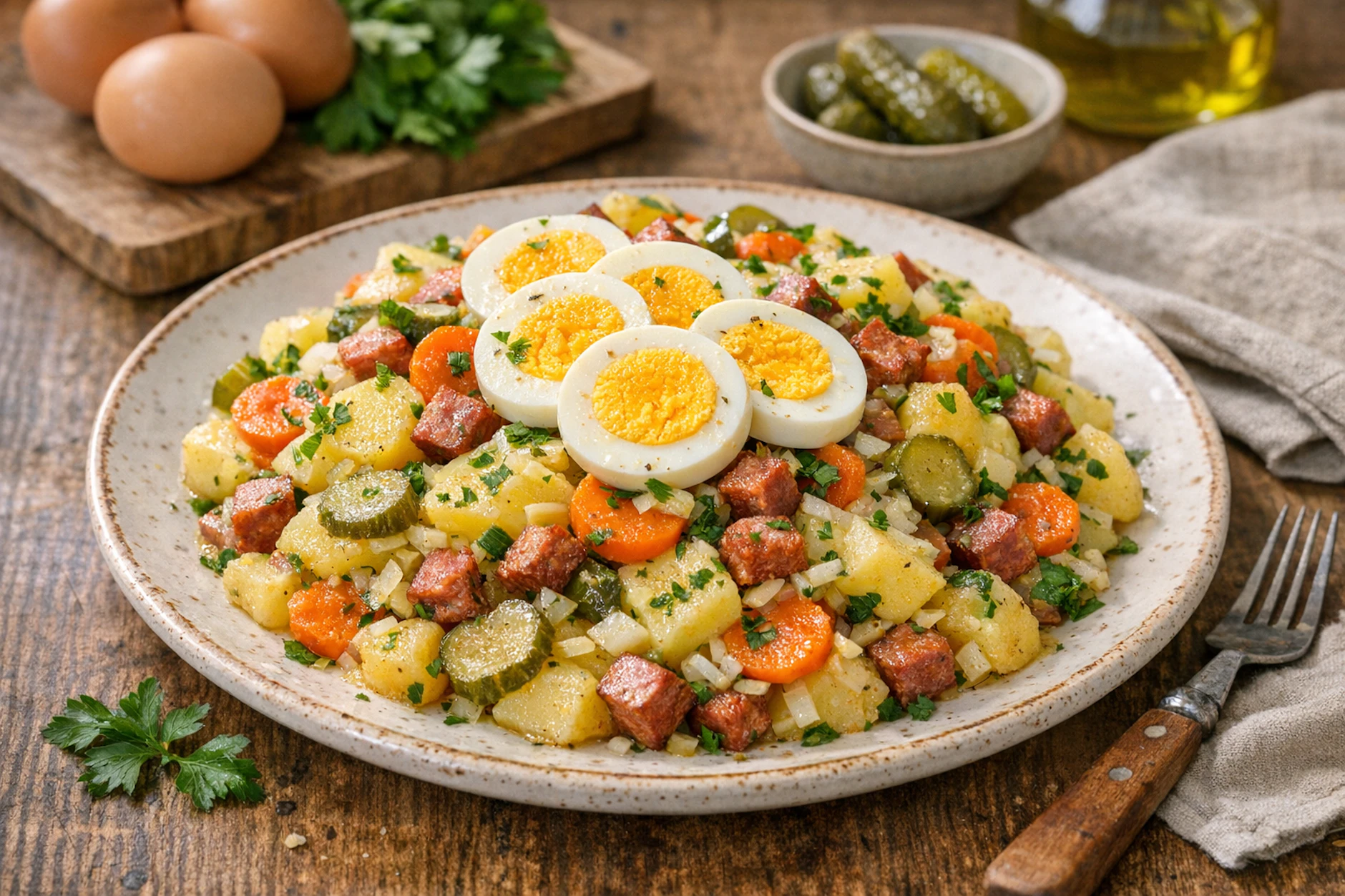 In den Landküchensalat kommen alle Zutaten, die es in einer klassischen Landküche gibt. Er ist richtig lecker, deftig und herzhaft und passt perfekt zum nächsten Grillabend!
