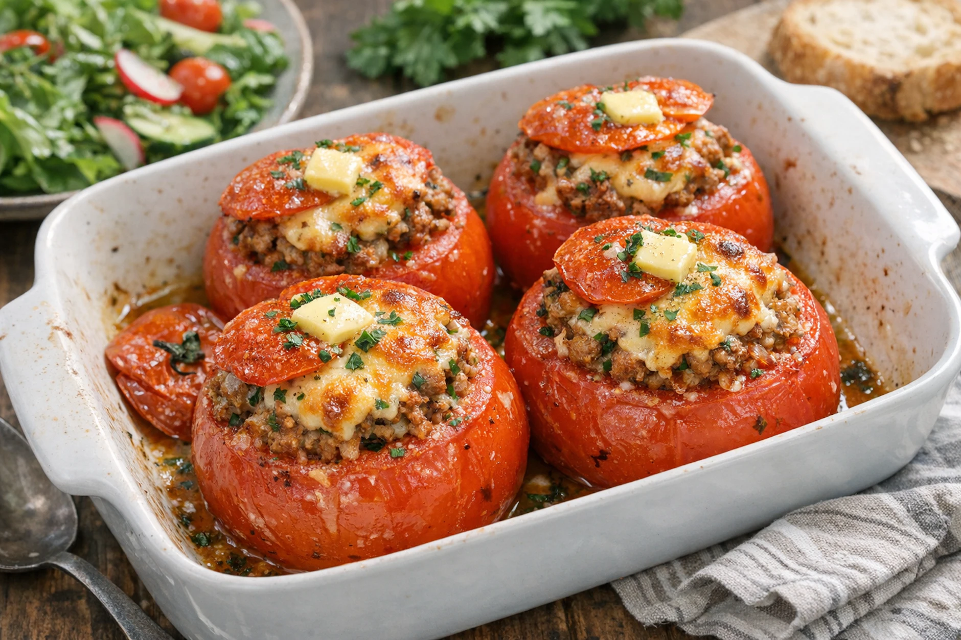 Die Grilltomaten werden in einer Auflaufform im Ofen lecker überbacken. Dann können Sie sie mit Reis oder einem leichten Salat servieren.