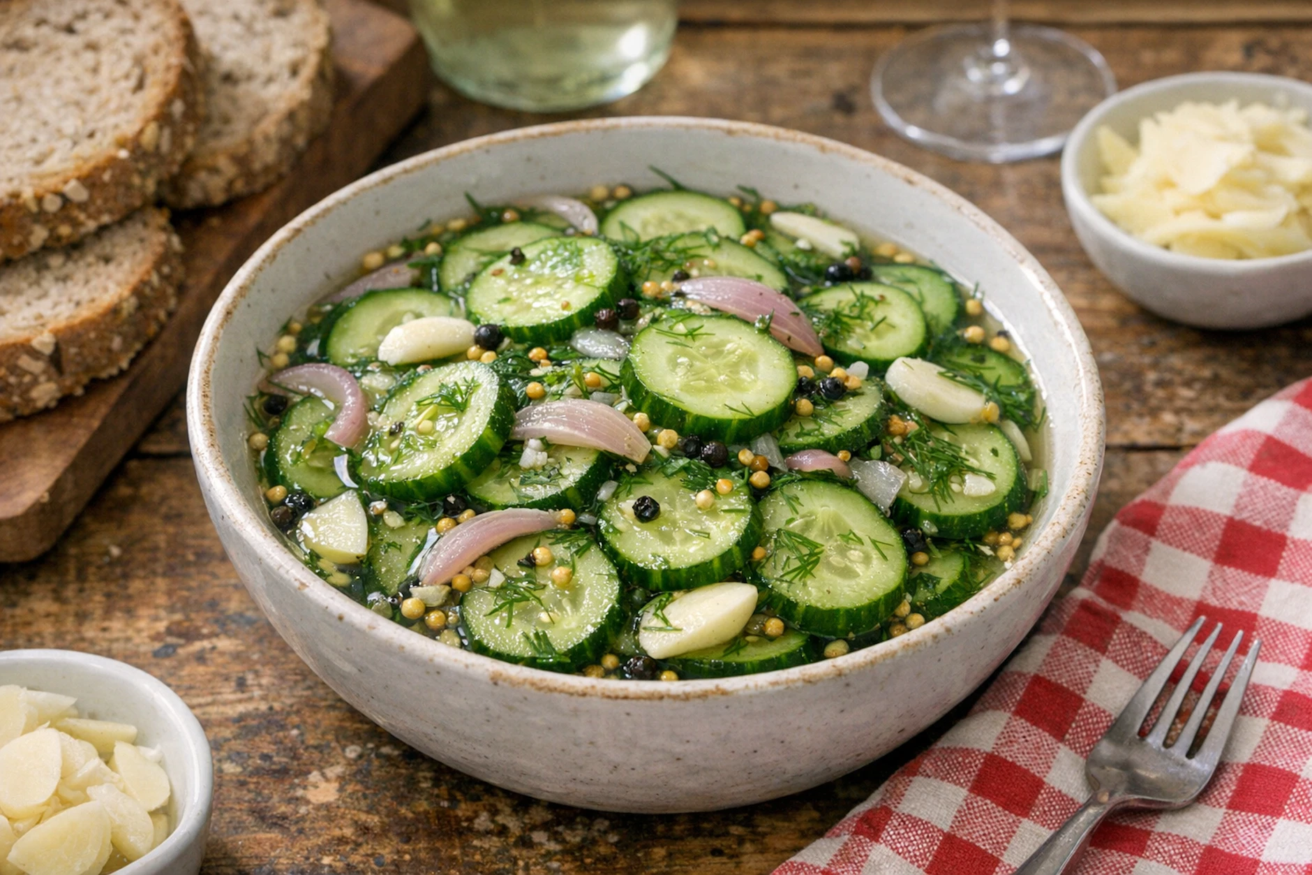 Sauer eingelegte Gurken sind eine tolle Beilage zum Abendessen. Frisch aus dem Kühlschrank und gut durchgezogen schmecken sie phänomenal!