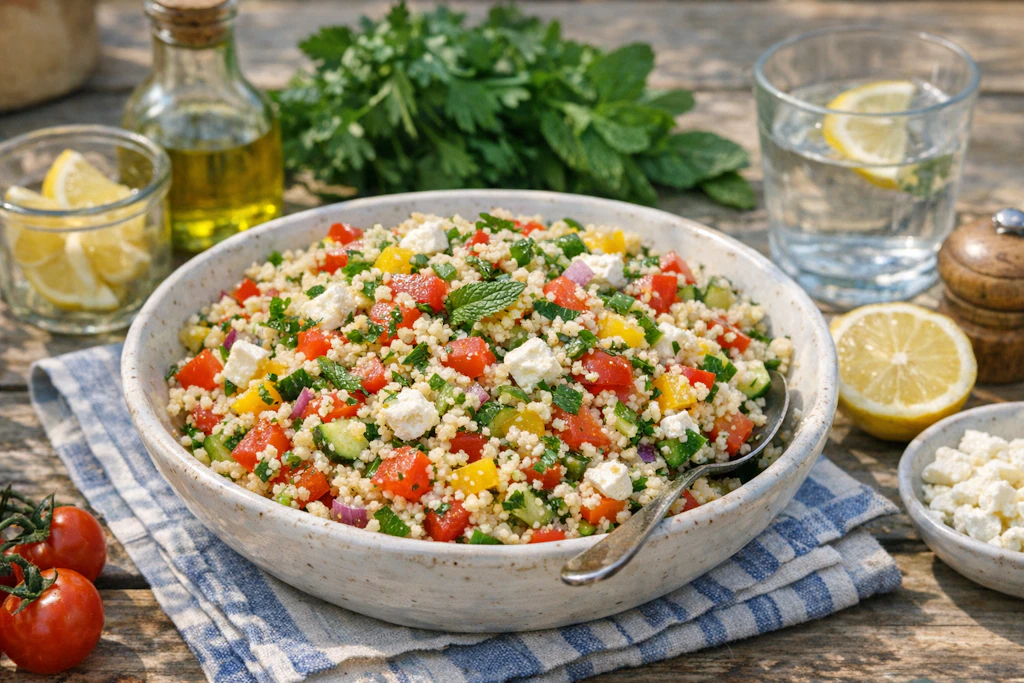 Unser leckerer Couscous-Salat setzt auf viel frisches Gemüse, Fetakäse und Kräuter. Die Kombination ist perfekt für heiße Tage.