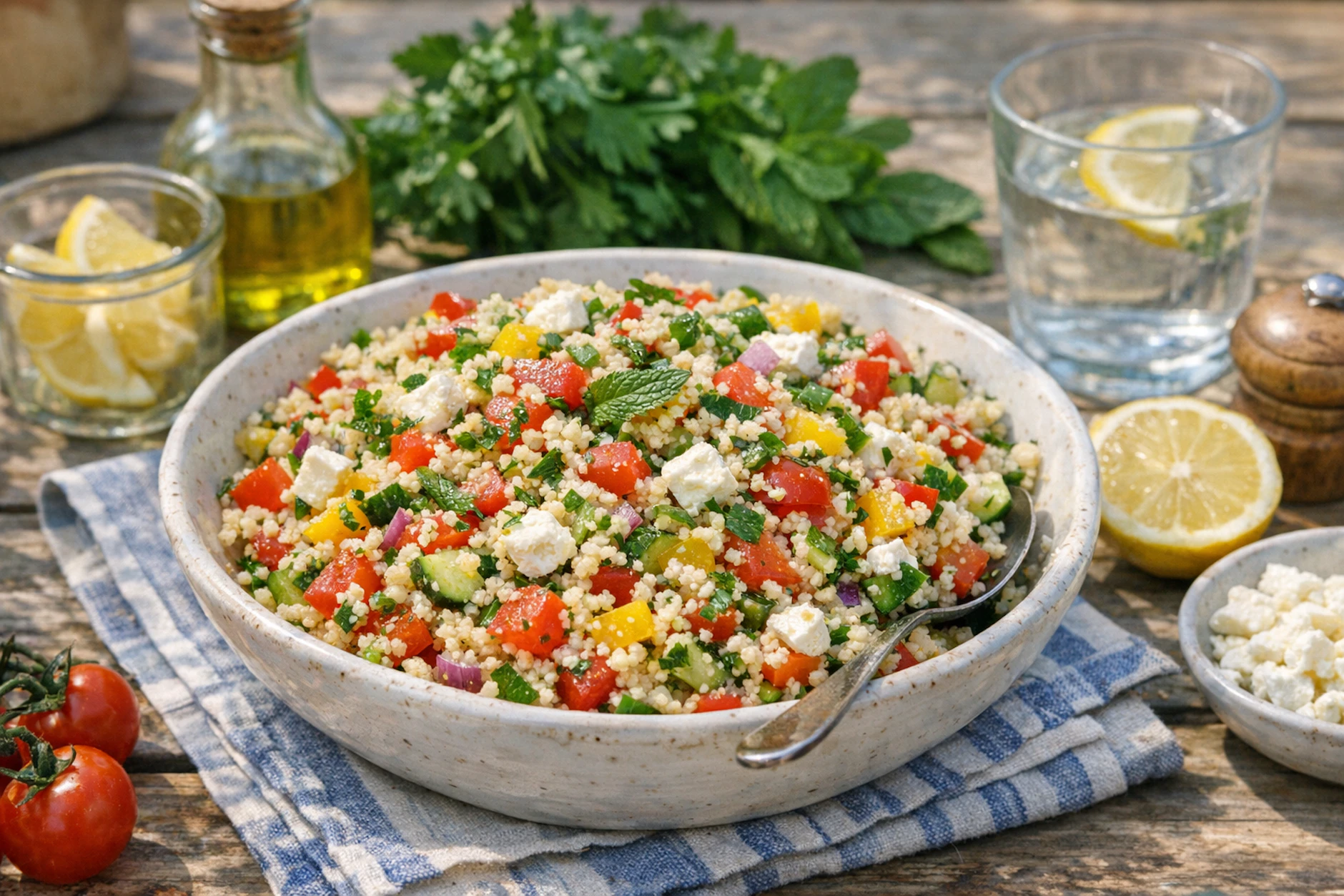 Unser leckerer Couscous-Salat setzt auf viel frisches Gemüse, Fetakäse und Kräuter. Die Kombination ist perfekt für heiße Tage.
