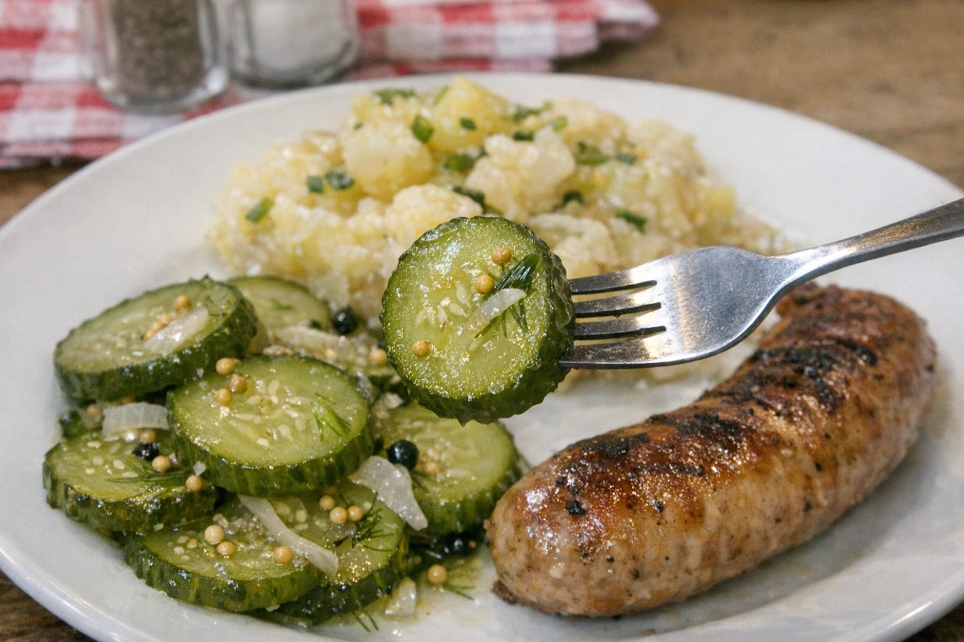 Die süß sauer eingelegten Gurken sind auch eine leckere Beilage zu Bratwurst und Kartoffelsalat. Probieren Sie es zum nächsten Grillabend einfach mal aus!
