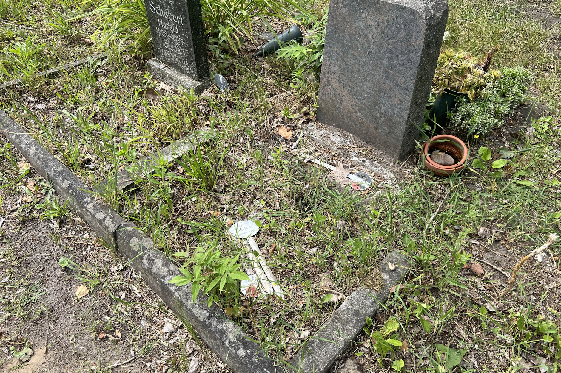 An dieser Stelle des St. Petri-Friedhofs liegen mehrere Grabschilder einfach herum. Auch das von Reinhard Lauck.