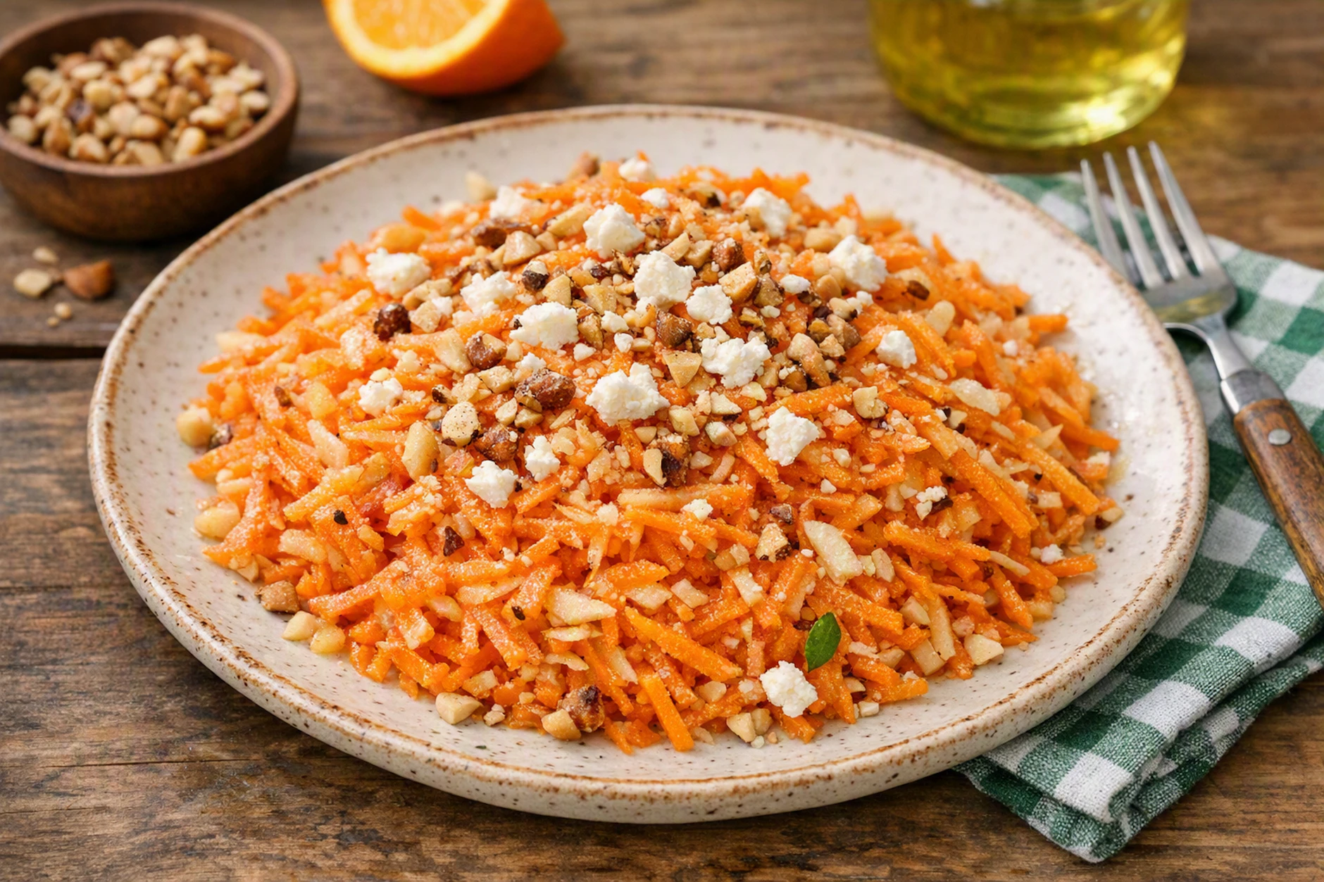 Mit weiteren Zutaten wie gehackten Nüssen und Fetakäse können Sie den einfachen Möhrensalat noch etwas verfeinern. Lassen Sie es sich schmecken!