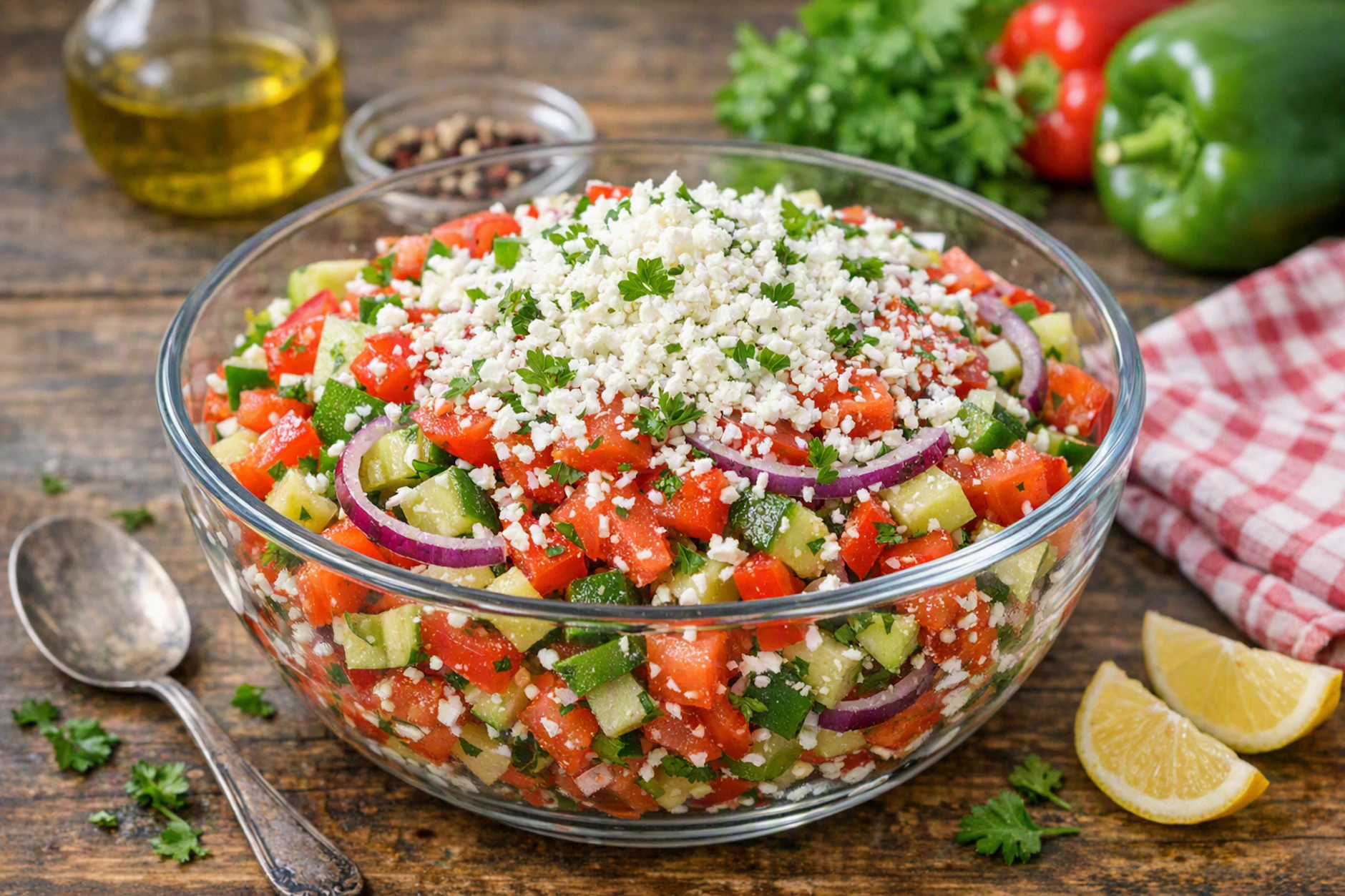 Leckerer Schopska-Salat setzt auf viel Gemüse und klein geraspelten Schafskäse. Er verleiht dem frischen Salat eine ganz besondere Note.