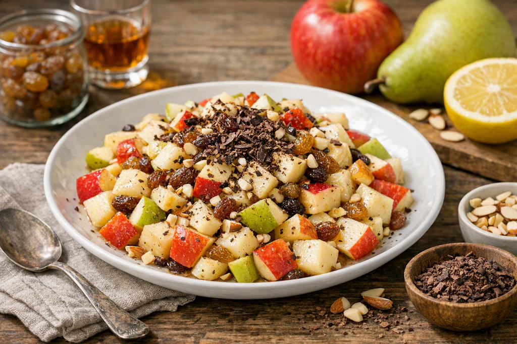 Apfel-Birnen-Salat mit Sultaninen und Schokoladenraspeln: mit diesem leckeren Rezept Aus der DDR wird der Obstsalat ein Genuss für Naschkatzen.