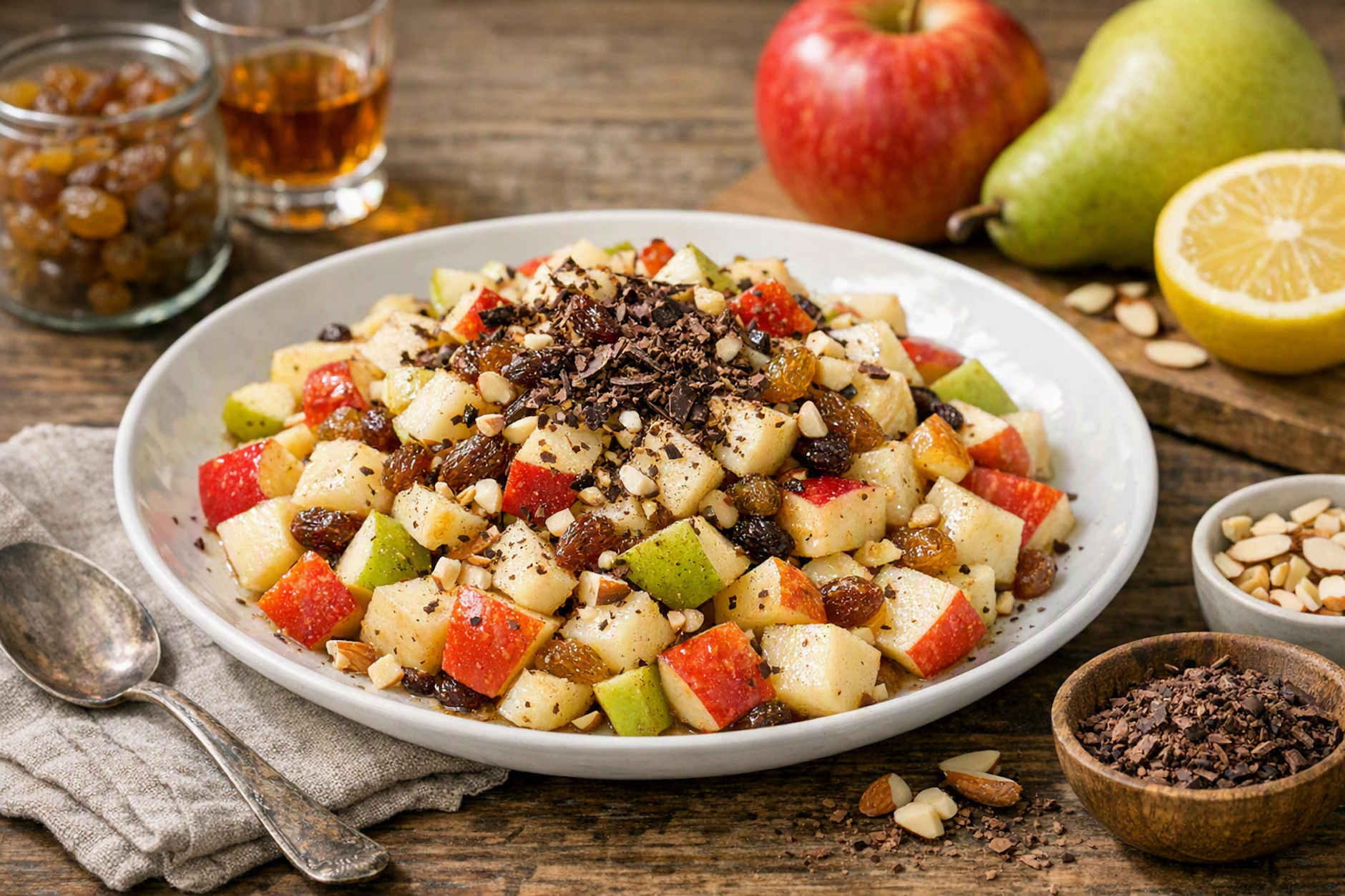 Apfel-Birnen-Salat mit Sultaninen und Schokoladenraspeln: mit diesem leckeren Rezept Aus der DDR wird der Obstsalat ein Genuss für Naschkatzen.