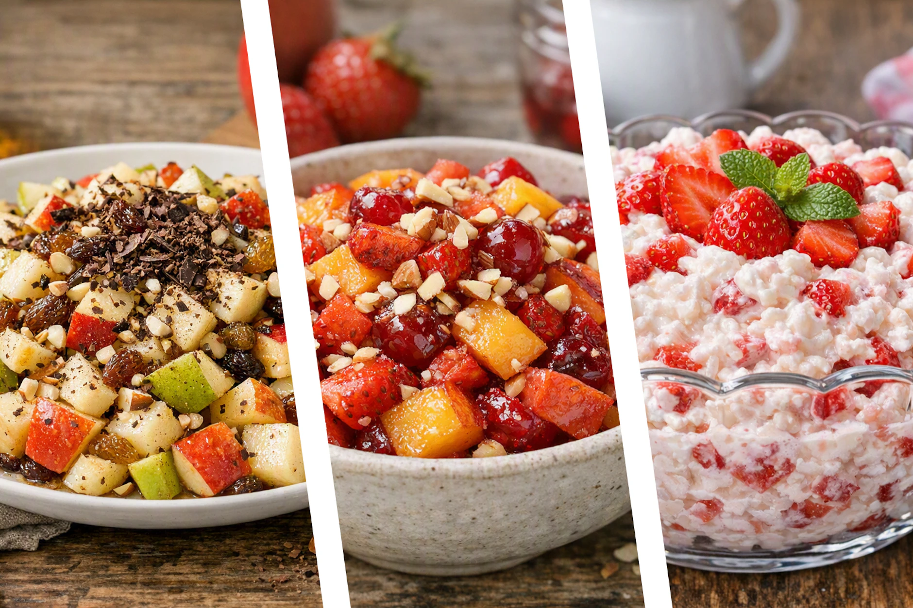 Köstliche Obstsalate aus der DDR: Im Sommer sind diese frischen Salate mit Früchten die perfekte Abwechslung für Naschkatzen. Von links nach rechts: Apfel-Birnen-Salat, Pfirsichsalat Feinschmecker und Erdbeer-Reis-Salat.