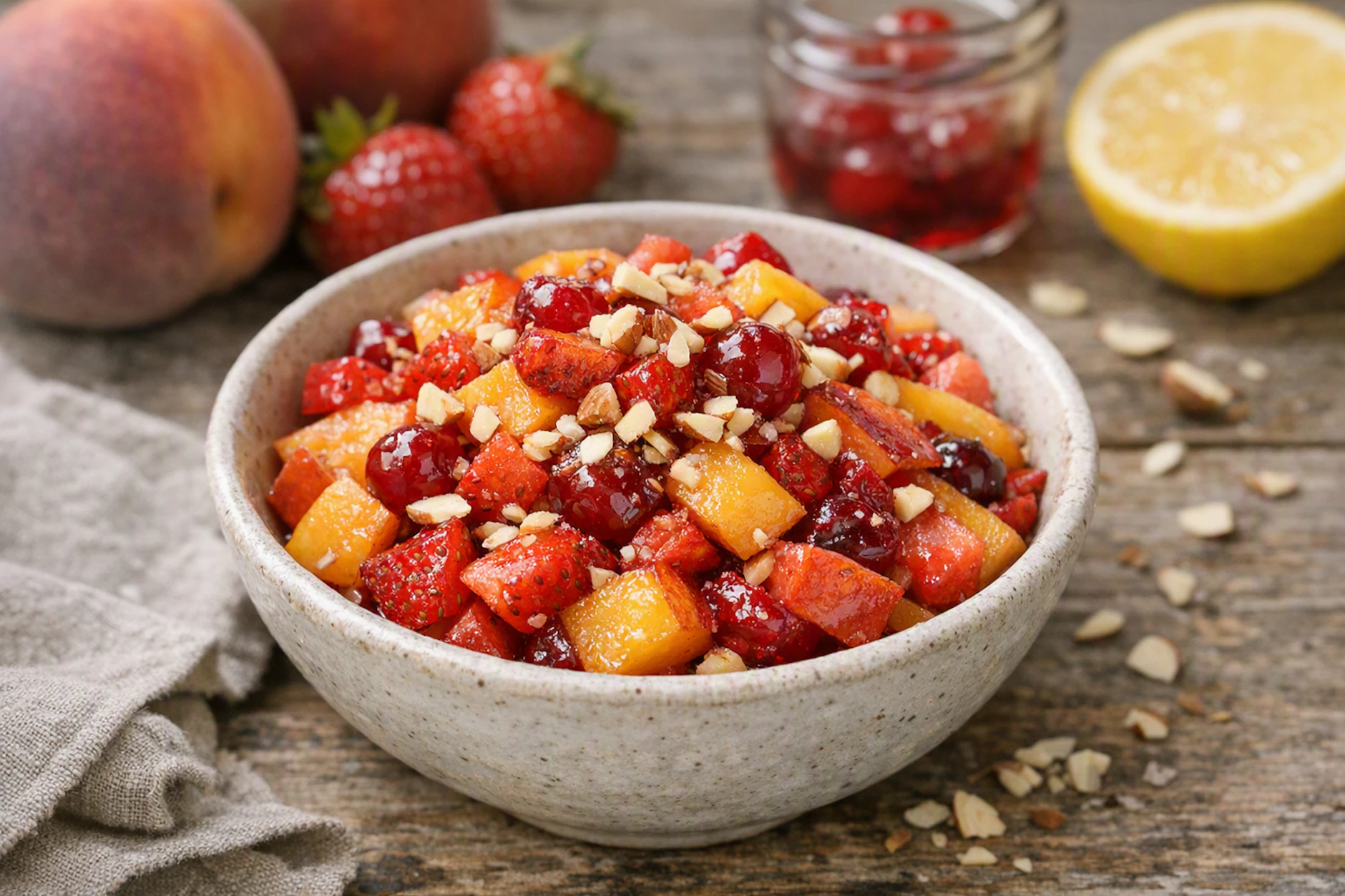 Der Pfirsichsalat Feinschmecker wird aus Pfirsichen und Erdbeeren gemacht und unter anderem mit Maraschinokirschen verfeinert.