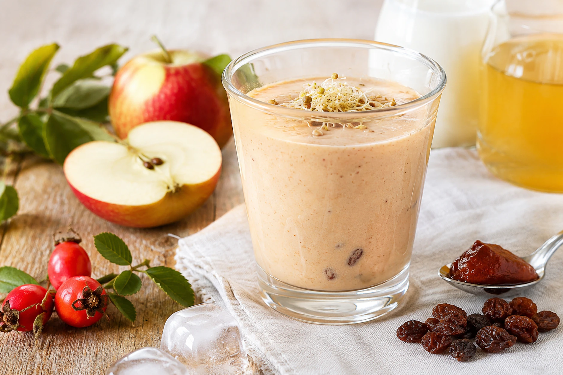 Kurt Drummer nannte diese Kreation Vitamin im Glas. Eine Variante gibt es mit Apfelmost, Joghurt, Rosinen und Hagebuttenmark.