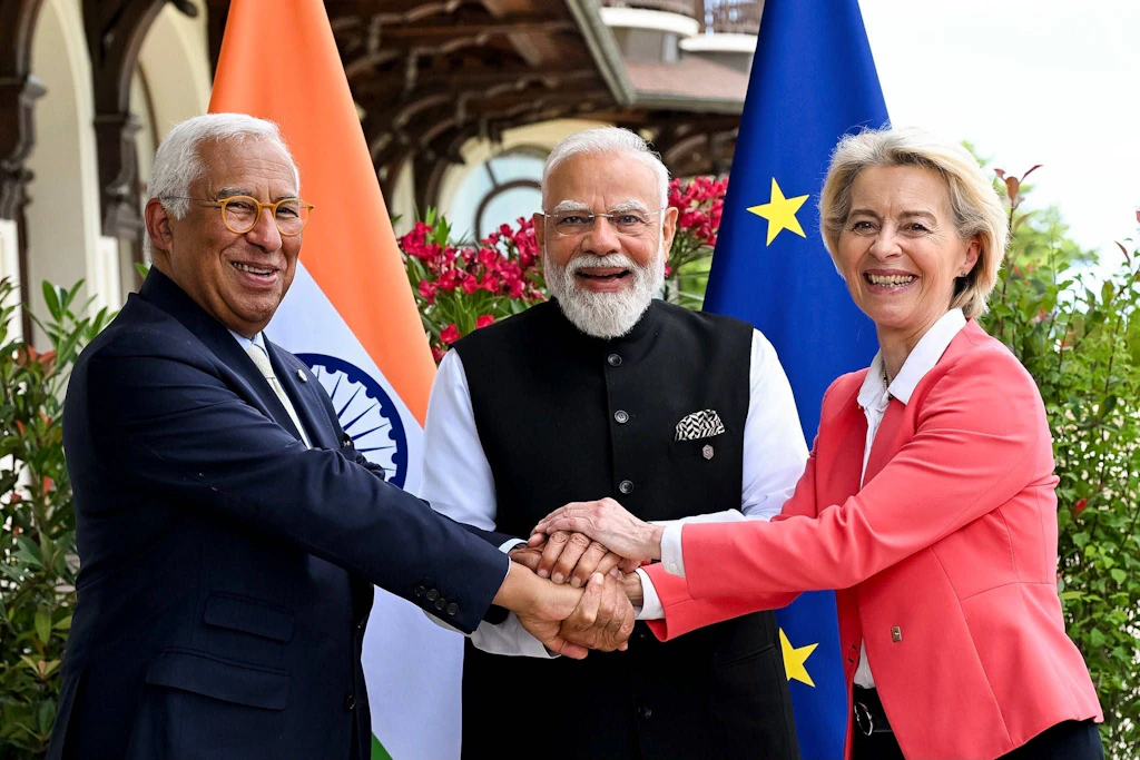 Indiens Premierminister Narendra Modi trifft EU-Ratspräsident António Costa und EU-Kommissionspräsidentin Ursula von der Leyen am Rande des G7-Gipfels in Évian am 17. Juni 2026.