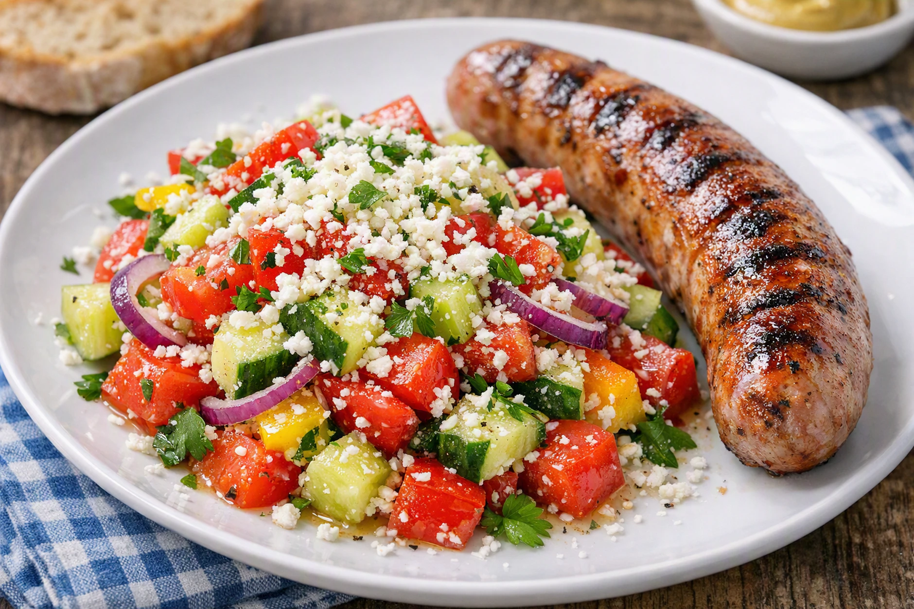 Frischer Schopska-Salat eignet sich auch als wundervolle Beilage zum nächsten Grillabend. Mal eine leckere und kalorienarme Alternative zu Nudel- und Kartoffelsalat.