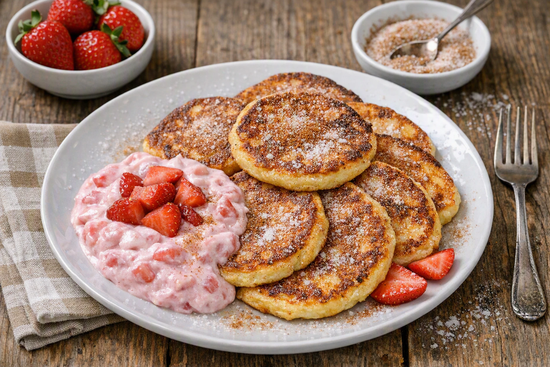 Das perfekte Essen nach Omas Rezept: Quarkeierkuchen mit einer Creme aus Erdbeeren und Joghurt.