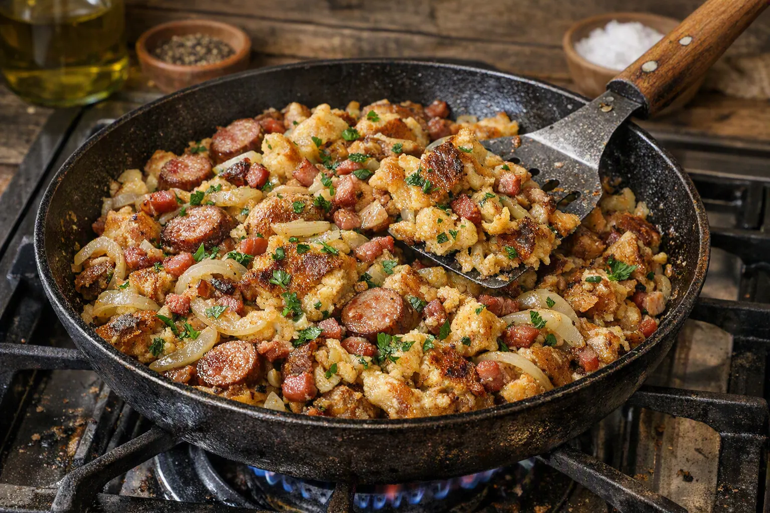 Die Heldrunger Zwiebel-Semmel-Pfanne wird in einer Pfanne zubereitet und in Stücke gerissen - so, wie es auch beim Kaiserschmarrn gemacht wird.