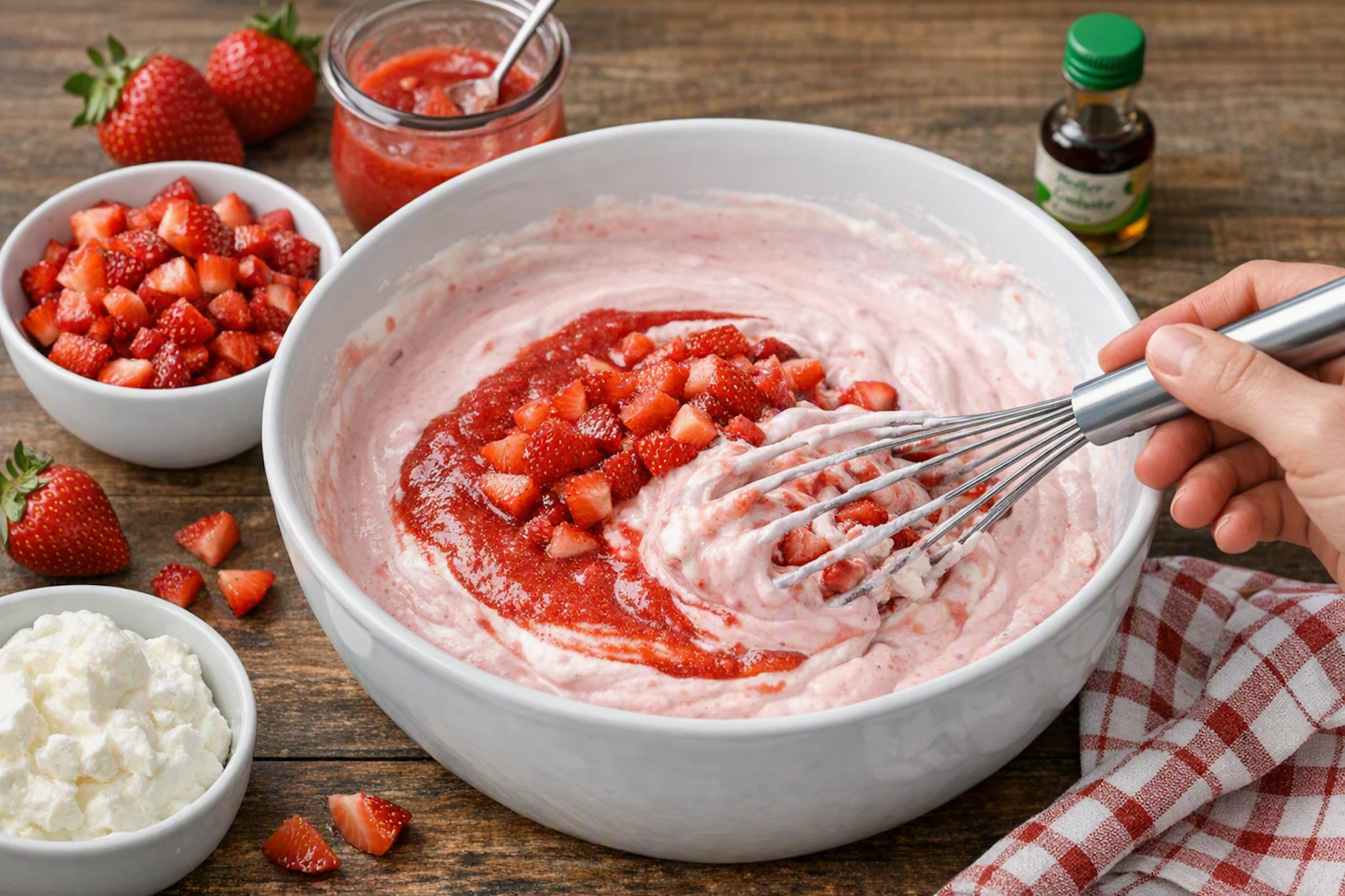 Aus einfachen Zutaten rühren Sie eine Erdbeer-Joghurt-Creme an, die perfekt zu den Quarkeierkuchen nach Omas Rezept passt.