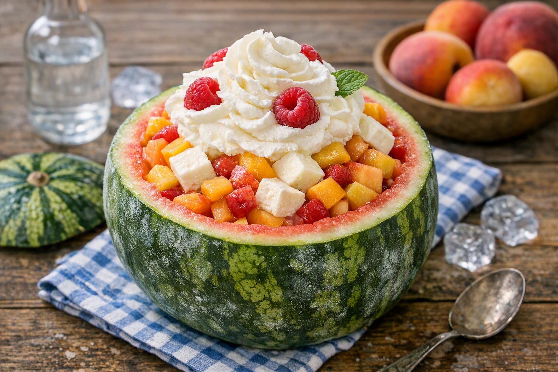 Was für eine schöne eismelone! Dieser Obstsalat mit Vanilleeis, serviert in einer Melone, ist die perfekte Erfrischung aus der DDR.