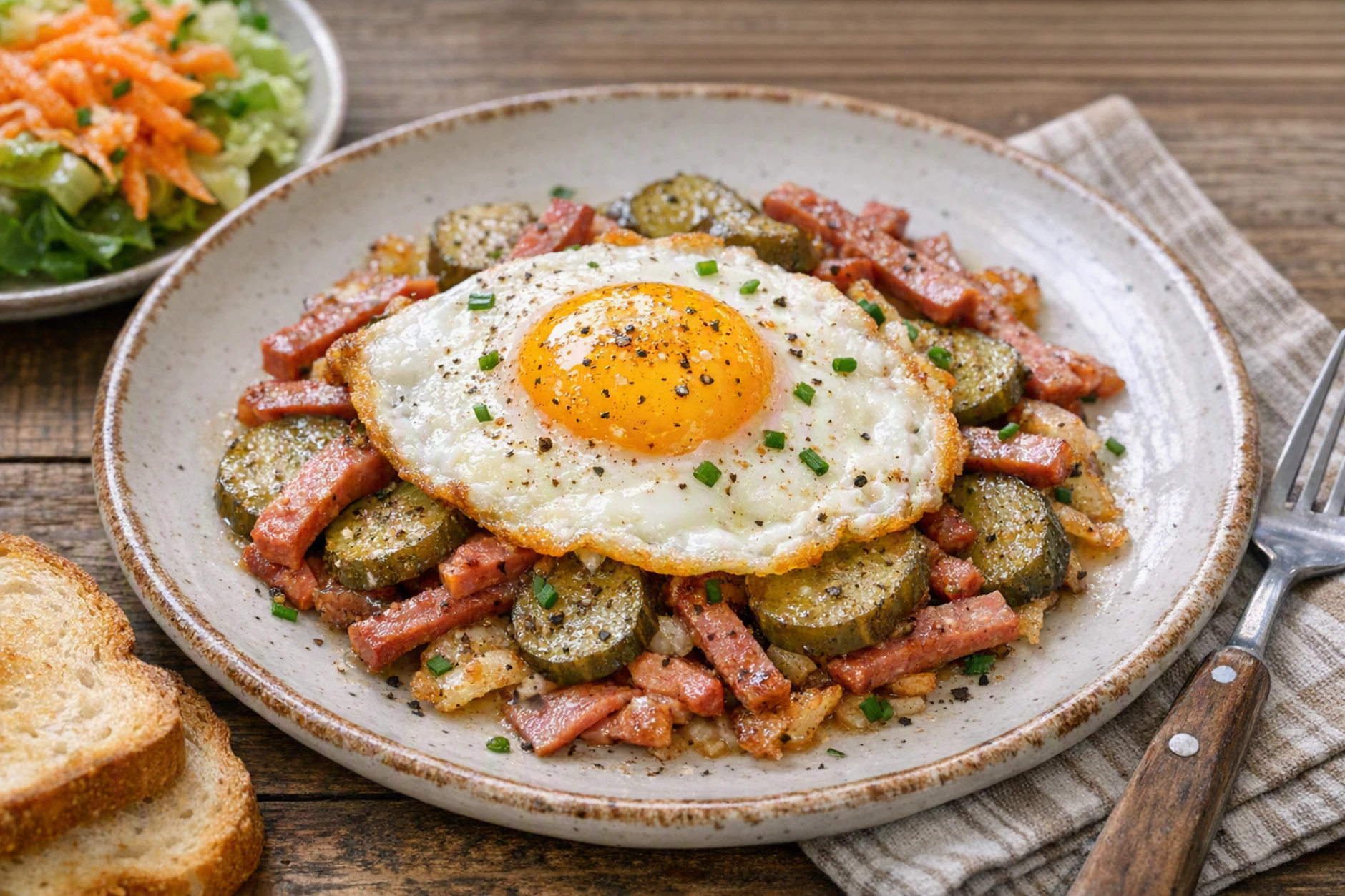 Hagenower Eierpfännchen ist die perfekte Mischung aus herzhafter Gewürzgurke mit Wurst und zartem Spiegelei. Kurt Drummer machte dieses Rezept in einem seiner Kochbücher bekannt.