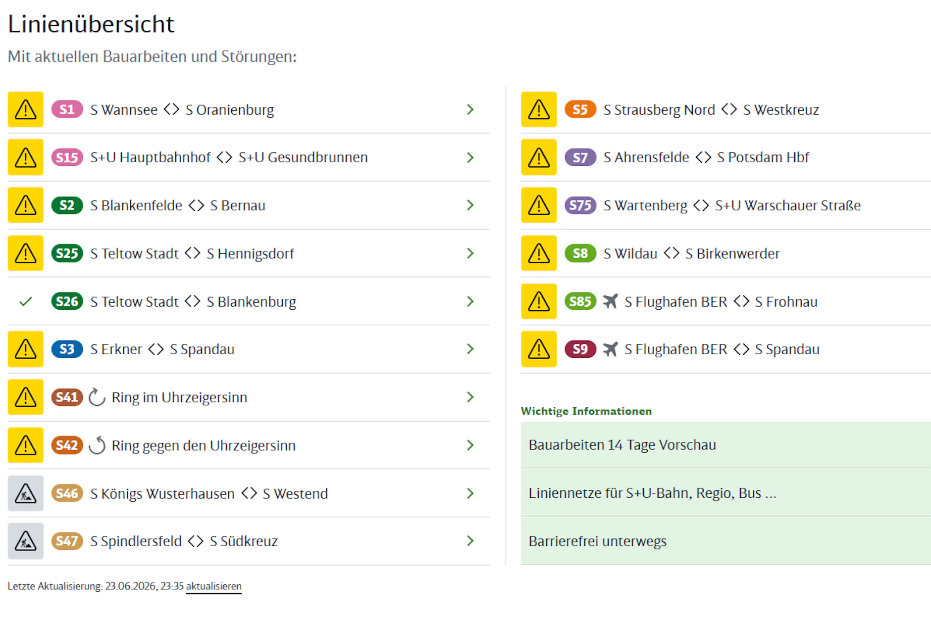 Auf der Internetseite der Deutschen Bahn leuchten vor fast allen Linien gelbe Warnzeichen auf. 