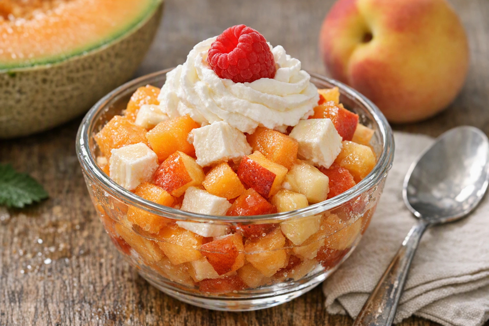 Der Obstsalat aus der Eismelone wird in kleinen Schüsseln portioniert. Guten appetit - genießen Sie die sommerliche Erfrischung aus dem Osten!