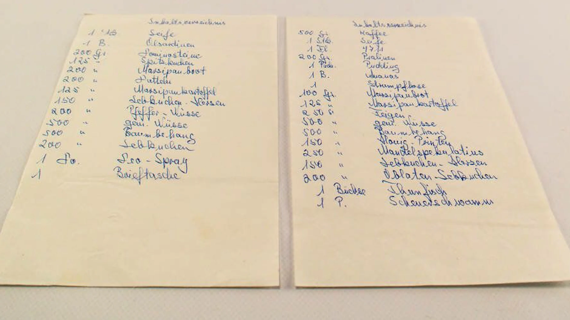 Das ist die handgeschriebene Inhaltsliste eines Westpakets in DIN A5, die zur Sammlung des DDR-Museum in Berlin gehört.