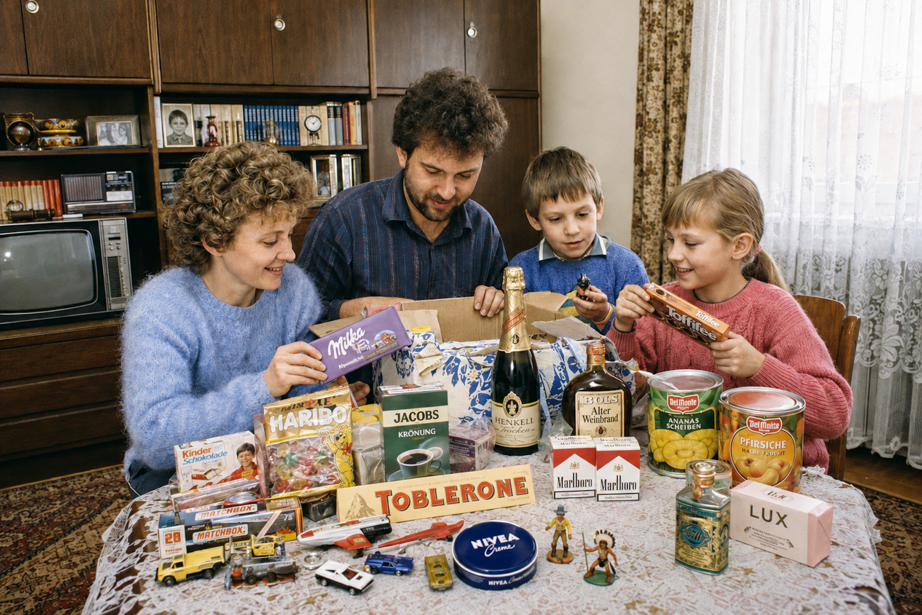 Voll mit Süßigkeiten, Kosmetik, Spielzeug und Lebensmitteln: So stellt sich eine KI das Auspacken eines Westpakets in der DDR vor. Die Freude war immer groß.