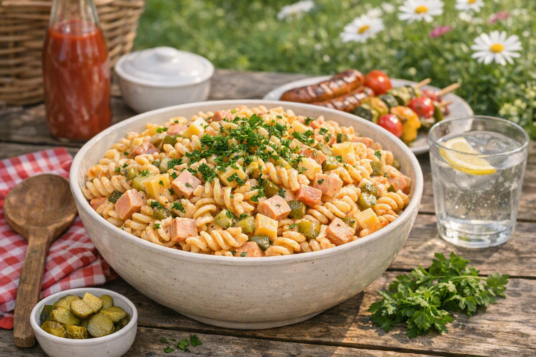 Macht auf jeder Grillparty eine gute Figur: Der fertige Nudelsalat mit Zaubersoße. Er entfaltet seinen vollen Geschmack erst, wenn er ein paar Stunden durchgezogen ist.