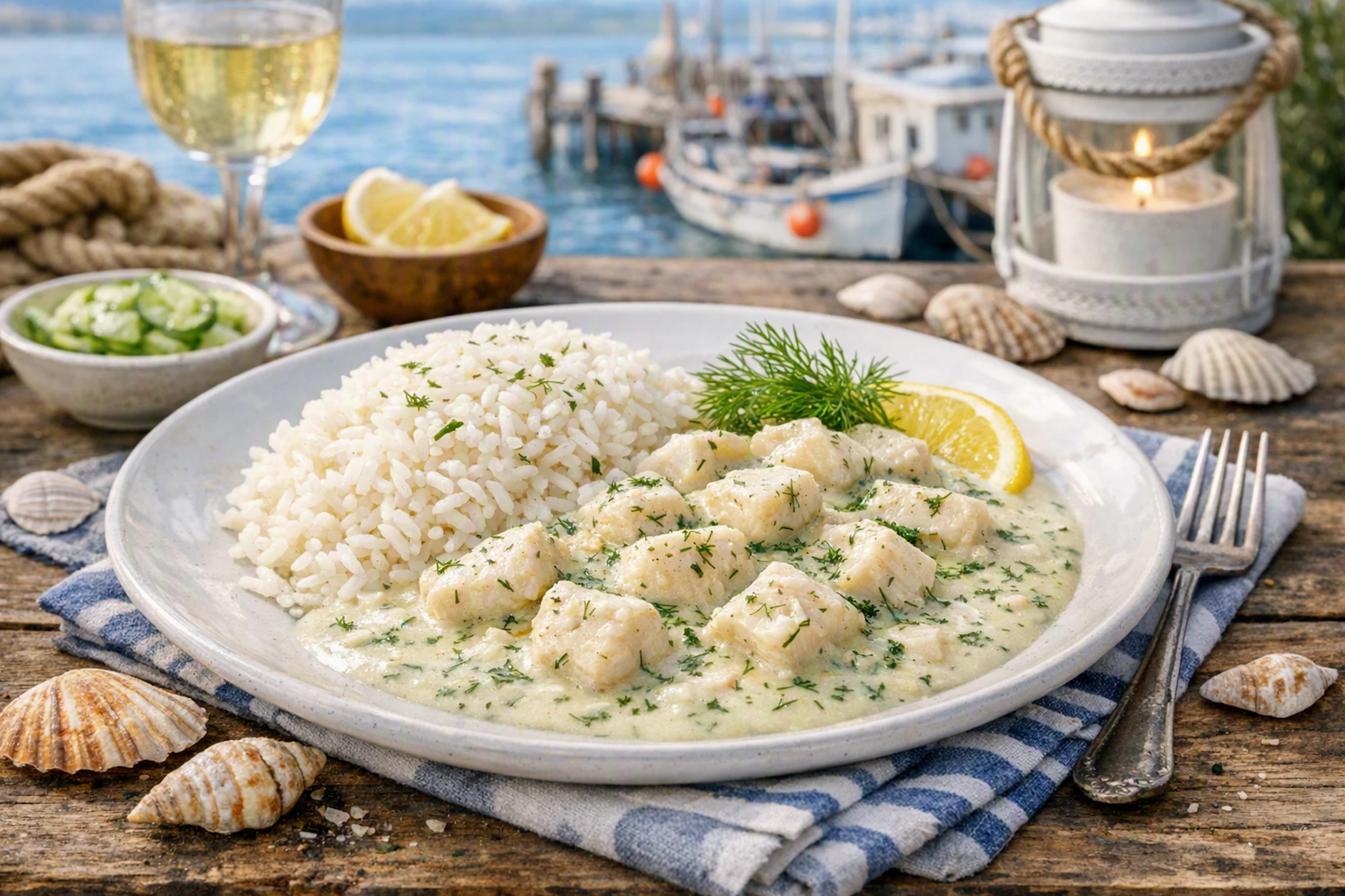 Fischfrikassee mit Reis ist ein leckeres Gericht, das Ihnen das Urlaubsfeeling auf den Tisch bringt. Denn es fühlt sich an wie ein Abend in einer Ostsee-Fischgaststätte!