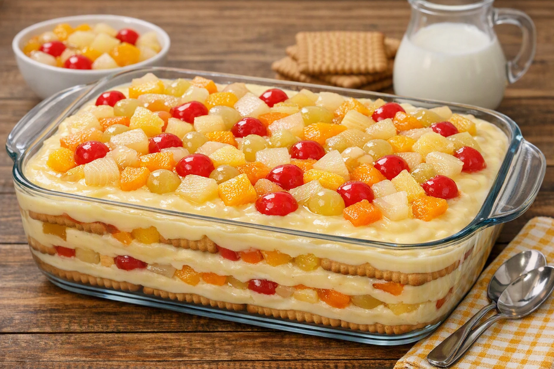 Schmeckt nicht nur toll, sondern sieht auch noch gut aus: Eine fertige Auflaufform mit Tutti Frutti mit Pudding und Früchten.