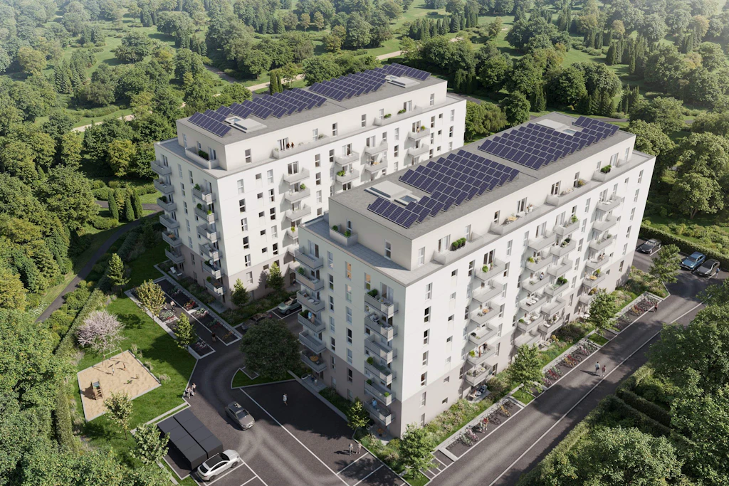 So sollen die beiden Wohnhäuser an der Allee der Kosmonauten 129 in Marzahn aussehen: 180 Wohnungen, Solardächer, viel Grün ringsum