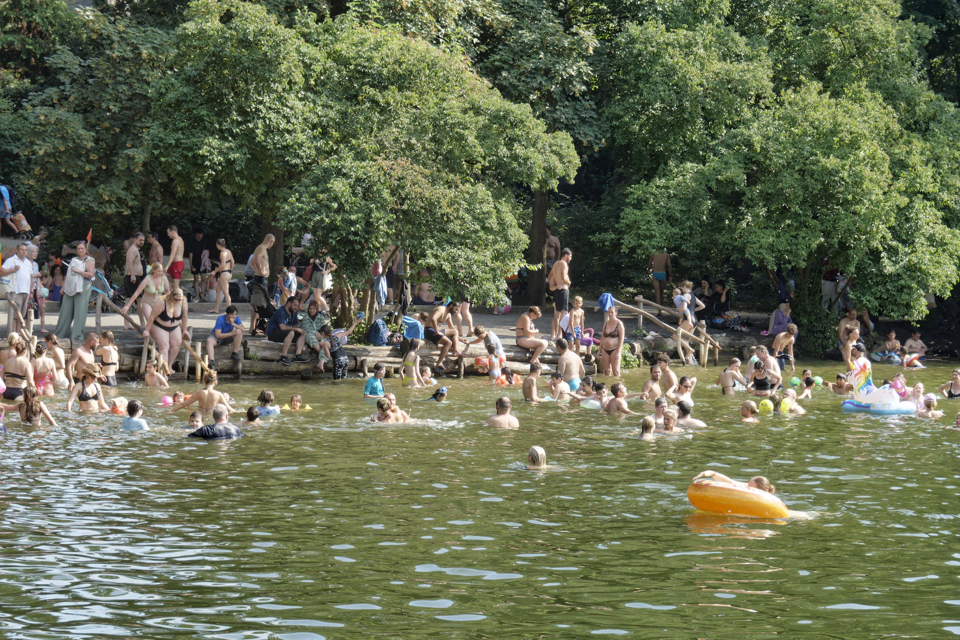 Der Schlachtensee in Steglitz-Zehlendorf. Warum das Abkühlen in dem flachen Gewässer aktuell nur bedingt von Experten empfohlen wird.