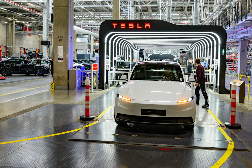 In der Gigafactory Berlin-Brandenburg rollen Fahrzeuge vom Typ Tesla Model Y bei der Endkontrolle vom Band.