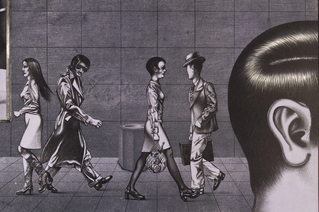 Das große Ohr hört immer mit! Uwe Pfeifer: „Straße I“, 1979, Farblithografie von Zinkplatte/Papier.