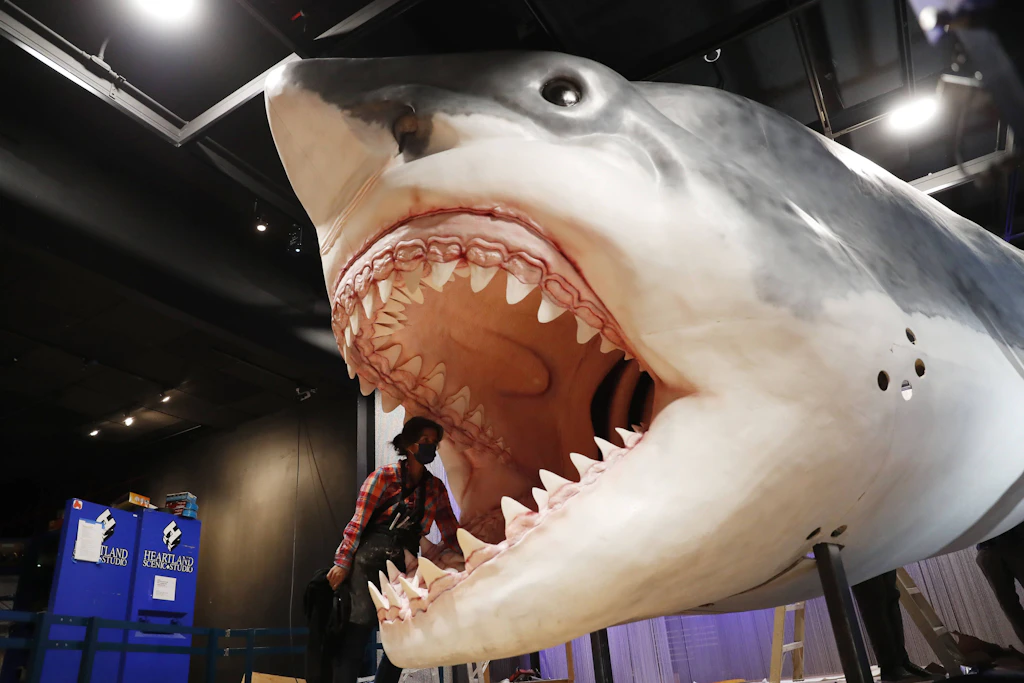Mitarbeiter des American Museum of Natural History bauen 2021 in New York ein Modell des ausgestorbenen Riesenhais Megalodon zusammen.