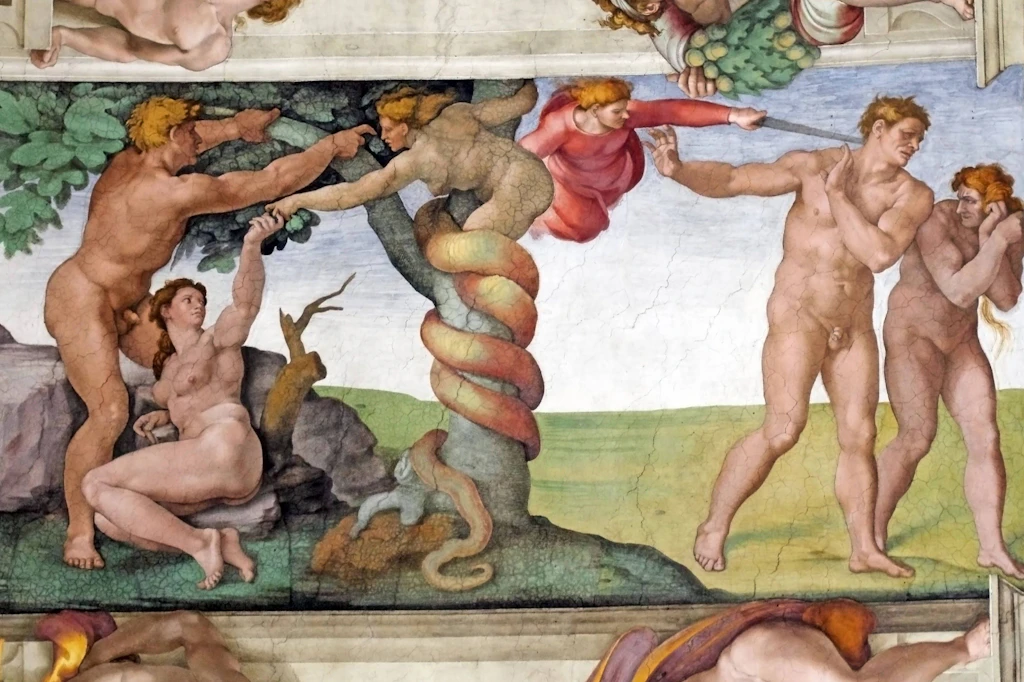 Michelangelos Fresko in der Sixtinischen Kapelle: In der Bibel symbolisiert die Schlange sowohl das absolut Böse und die Versuchung als auch Heil und göttlichen Schutz.
