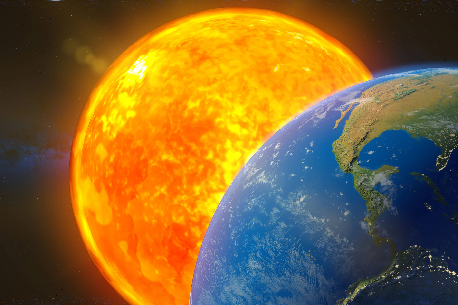 Eine glühende Sonne dicht hinter der Erde: In ferner Zukunft könnte unser Stern dem Planeten gefährlich nahe kommen. (Symbolbild)