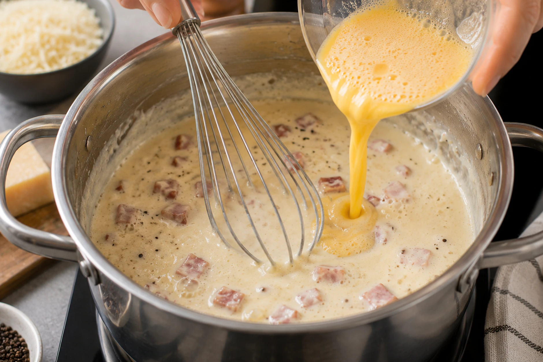 Mit den verquirlten Eiern wird die Sahnesoße für die Carbonara eingedickt. Dann kommt nur noch die Pasta hinzu. Fertig ist das sommerliche Nudelgericht!